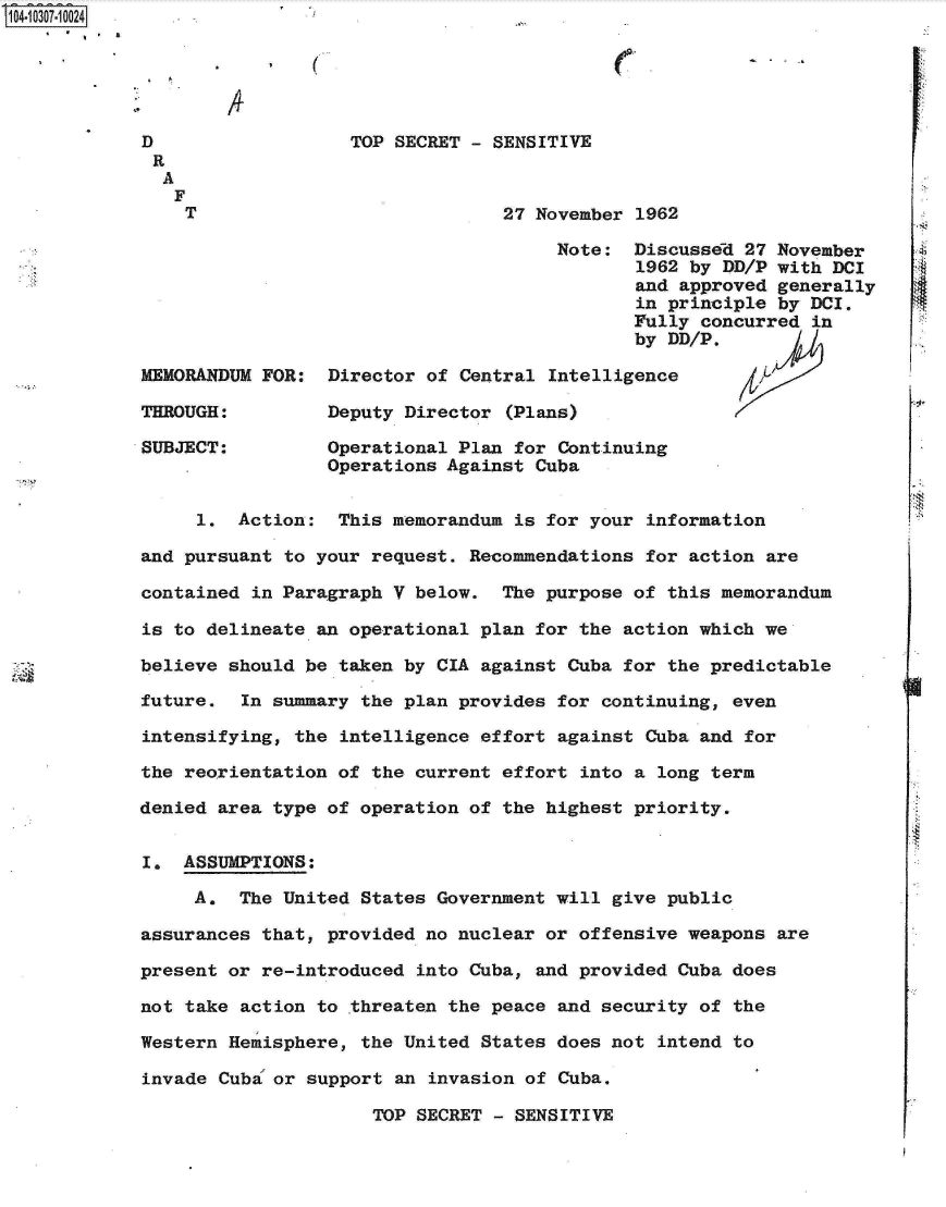 handle is hein.jfk/jfkarch18778 and id is 1 raw text is: S1O4~iO3O7~1OO24


a


D
R
  A
  F
    T


MEMORANDUM FOR:

THROUGH:

SUBJECT:


TOP SECRET - SENSITIVE


                27 November  1962

                     Note:  Discussed  27 November
                             1962 by DD/P with DCI
                             and approved generally
                             in principle by DCI.
                             Fully concurred in
                             by DD/P.

Director of Central Intelligence

Deputy Director  (Plans)

Operational Plan for Continuing
Operations Against Cuba


     1.  Action:  This memorandum  is for your information

and pursuant to your request.  Recommendations for action are

contained in Paragraph V below.   The purpose of this memorandum

is to delineate an operational  plan for the action which we

believe should be taken by CIA  against Cuba for the predictable

future.  In summary the plan  provides for continuing, even

intensifying, the intelligence  effort against Cuba and for

the reorientation of the  current effort into a long term

denied area type of operation  of the highest priority.


I.  ASSUMPTIONS:

     A.  The United States  Government will give public

assurances that, provided no nuclear  or offensive weapons are

present or re-introduced  into Cuba, and provided Cuba does

not take action to threaten  the peace and security of the

Western Hemisphere, the United  States does not intend to

invade Cuba or support  an invasion of Cuba.

                      TOP SECRET - SENSITIVE


(


At


(-



