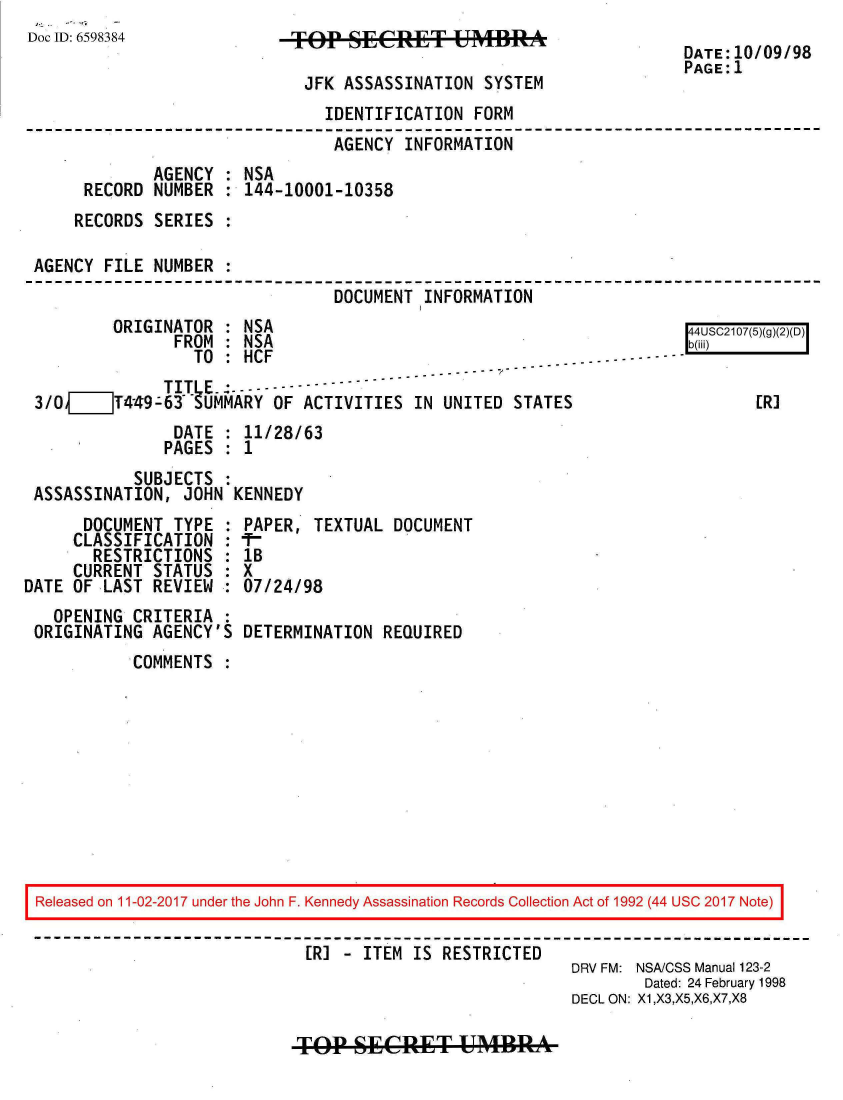 handle is hein.jfk/jfkarch20479 and id is 1 raw text is: 
Doc ID: 6598384


Top   SECRET UMBRA

JFK   ASSASSINATION SYSTEM


DATE:10/09/98
PAGE:1


                               IDENTIFICATION FORM
                               AGENCY  INFORMATION
             AGENCY : NSA
     RECORD  NUMBER : 144-10001-10358
     RECORDS SERIES :

AGENCY FILE  NUMBER :
                                DOCUMENT INFORMATION


        ORIGINATOR  : NSA
               FROM : NSA
                 TO : HCF                                      ----
              TITL--E.--------
3/0_  _T449-63    UMMARY OF ACTIVITIES  IN UNITED  STATES
               DATE : 11/28/63
               PAGES : 1
           SUBJECTS :
ASSASSINATION,  JOHN KENNEDY


      DOCUMENT  TYPE :
      CLASSIFICATION :
      RESTRICTIONS   :
      CURRENT STATUS :
DATE OF LAST  REVIEW :
   OPENING CRITERIA  :
 ORIGINATING  AGENCY'S


PAPER, TEXTUAL  DOCUMENT
T1-
1B
X
07/24/98

DETERMINATION  REQUIRED


COMMENTS  :


Released on 11-02-2017 under the John F. Kennedy Assassination Records Collection Act of 1992 (44 USC 2017 Note)

                            [R] -  ITEM IS RESTRICTED
                                                        DRV FM: NSA/CSS Manual 123-2
                                                                Dated: 24 February 1998
                                                        DECL ON: X1,X3,X5,X6,X7,X8


TOP   SECRET UMB9RA


[4USC2107(5)(
b(iii)


       ER]


