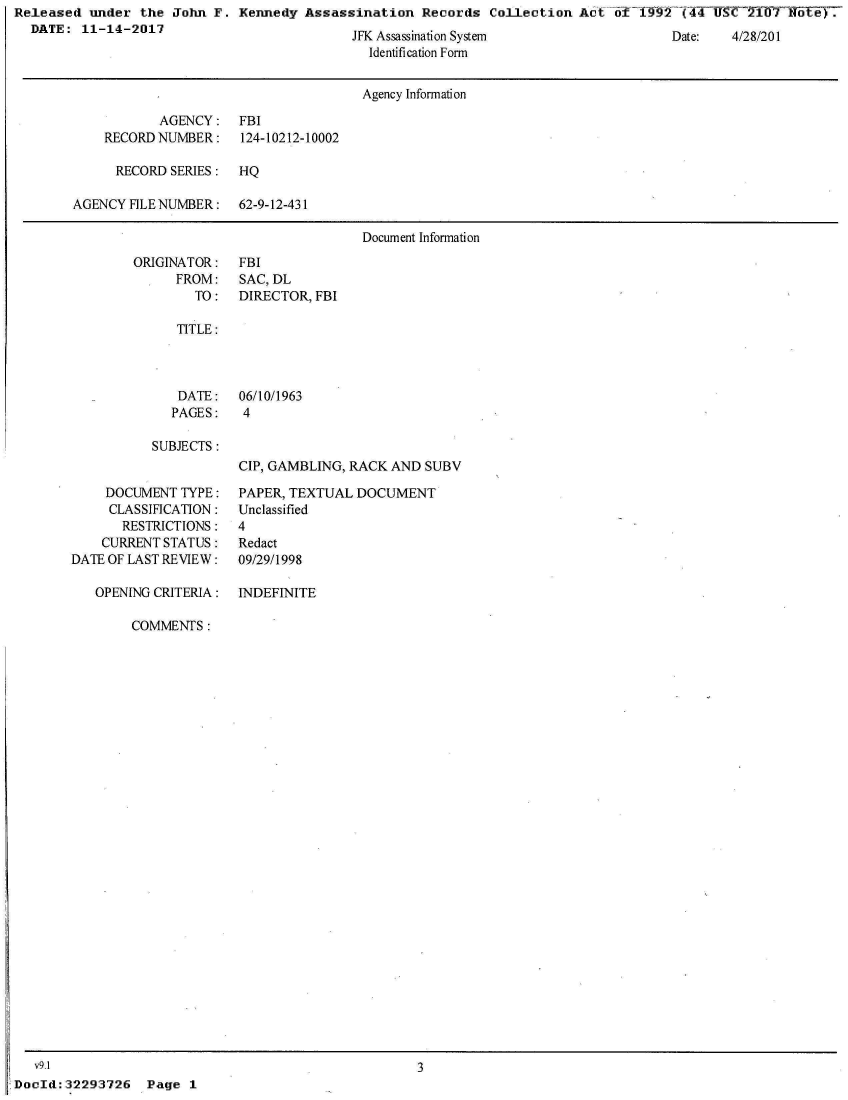 handle is hein.jfk/jfkarch23450 and id is 1 raw text is: Released  under  the John F.  Kennedy Assassination   Records  Collection Act  of 1992(4     27C  Thif
  DATE:  11-14-2017


JrK Assassination System
  Identification Form


Date:   4/28/20I


                                      Agency Information

           AGENCY: FBI
    RECORD NUMBER:    124-10212-10002

      RECORD SERIES:  HQ

AGENCY FILE NUMBER:   62-9-12-431

                                      Document Information


ORIGINATOR:
      FROM:
        TO:


FBI
SAC, DL
DIRECTOR, FBI


TITLE:


DATE:
PAGES:


06/10/1963
4


SUBJECTS:


     DOCUMENT TYPE:
     CLASSIFICATION:
       RESTRICTIONS:
    CURRENT STATUS:
DATE OF LAST REVIEW:

   OPENING CRITERIA:


CIP, GAMBLING, RACK AND  SUBV

PAPER, TEXTUAL  DOCUMENT
Unclassified
4
Redact
09/29/1998

INDEFINITE


               COMMENTS:





























   v9.1
DocId:32293726 Page 1


3


