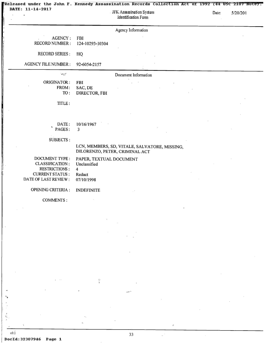 handle is hein.jfk/jfkarch26305 and id is 1 raw text is: Released  under the  John F. Kennedy  Assassination  Records  Collecion   A   o
  DATE:  11-14-2017


JFK Assassination System
  Identification Form


Date:   5/20/201


                                      Agency Information

            AGENCY:   FBI
    RECORD NUMBER: 124-10293-10304

      RECORD SERIES:  HQ

AGENCY FILE NUMBER:   92-6054-2157

                                      Document Information


ORIGINATOR:
      FROM:
        TO:


FBI
SAC, DE
DIRECTOR, FBI


TITLE:


   DATE:
   PAGES:

SUBJECTS:


     DOCUMENT TYPE:
     CLASSIFICATION:
       RESTRICTIONS:
    CURRENT STATUS:
DATE OF LAST REVIEW:

   OPENING CRITERIA:


10/16/1967
3


LCN, MEMBERS, SD, VITALE, SALVATORE, MISSING,
DILORENZO, PETER, CRIMINAL ACT
PAPER, TEXTUAL  DOCUMENT
Unclassified
4
Redact
07/10/1998

INDEFINITE


COMMENTS:


  v9.1
DocId: 32307946


Page  1


