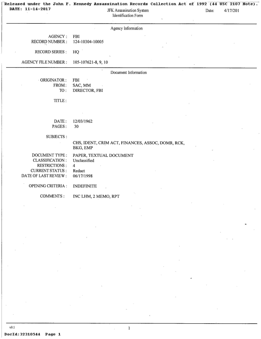 handle is hein.jfk/jfkarch26768 and id is 1 raw text is: Released  under the  John F. Kennedy  Assassination  Records  Collection  Act of  1992 (44 USC  2107 Note).
  DATE:  11-14-2017                         1W A   ; +  Q                                    Al/ '711fl


  s   ..sassna l onyse
Identification Form


ae:


                                      Agency Information

           AGENCY: FBI
    RECORD NUMBER:    124-10304-10005

      RECORD SERIES:  HQ

AGENCY FILE NUMBER:   105-107621-8, 9, 10

                                      Document Information


* ORIGINATOR:
      FROM:
         TO:


FBI
SAC, MM
DIRECTOR, FBI


TITLE:


   DATE:   12/03/1962
   PAGES:   30

SUBJECTS:
           CHS, IDENT, CRIM ACT, FINANCES, ASSOC, DOMR, RCK,
           BKG, EMP


    DOCUMENT  TYPE:
    CLASSIFICATION:
       RESTRICTIONS:
    CURRENT STATUS:
DATE OF LAST REVIEW:

   OPENING CRITERIA:


COMMENTS:


PAPER, TEXTUAL DOCUMENT
Unclassified
4
Redact
06/17/1998

INDEFINITE


INC LHM, 2 MEMO, RPT


  v9.1
DocId:32310544   Page  1


