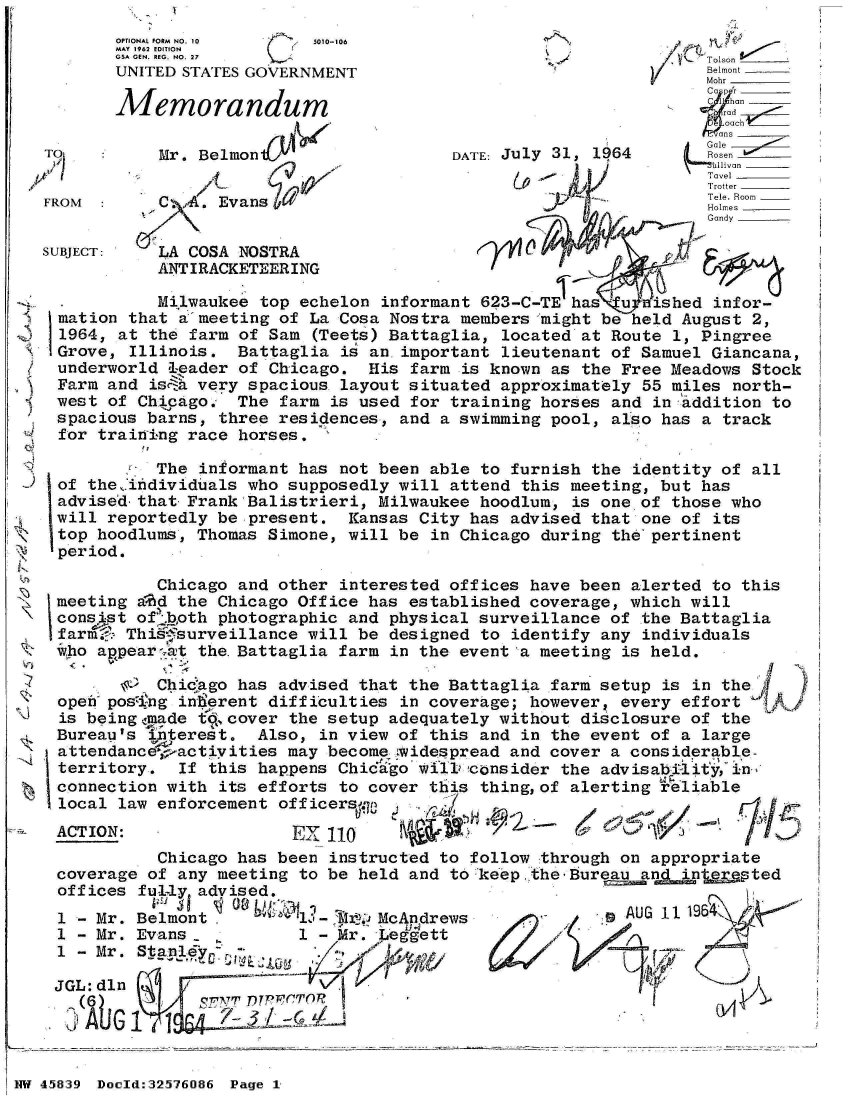 handle is hein.jfk/jfkarch34358 and id is 1 raw text is: 
       OPTIONAL FORM NO. 10  s010-106
       MAY 1962 EDITION
       G5A GEN. REG. NO. 27T
       UNITED STATES GOVERNMENT                               Belmont
                                                              Mohr
                                                              C lhan
       Memorandum                                              rad
                                                               ans_
T          Mr. Belmon                 DATE: July 31, 1964     Goslen
                           4                                  ~Tavel_ _ _
                                                              Trotter
FROM :     C   . Evans                                        Holmes
                                                              Gandy

SUBJECT:   LA COSA NOSTRA                    0
           ANTIRACKETEERING

  .        Milwaukee top echelon informant 623-C-TE has uinfor-
  mation that a'meeting of La Cosa Nostra members might be held August 2,
  1964, at the farm of Sam (Teets) Battaglia, located at Route 1, Pingree
  Grove, Illinois. Battaglia is an.important lieutenant of Samuel Giancana,
  underworld leader of Chicago. His farm is known as the Free Meadows Stock
  Farm and isca very spacious layout situated approximately 55 miles north-
  west of Chicago. The farm is used for training horses and in addition to
  spacious barns, three residences, and a swimming pool, also has a track
  for training race horses.

           The informant has not been able to furnish the identity of all
 of the .individuals who supposedly will attend this meeting, but has
 advised-that Frank Balistrieri, Milwaukee hoodlum, is one of those who
 will reportedly be present. Kansas City has advised that one of its
 top hoodlums, Thomas Simone, will be in Chicago during the'pertinent
 period.

           Chicago and other interested offices have been alerted to this
 meeting a','d the Chicago Office has established coverage, which will
 Consist of oth photographic and physical surveillance of the Battaglia
 farmi.* This surveillance will be designed to identify any individuals
 iwho appear4at the.Battaglia farm in the event a meeting is held.

        &  Chicago has advised that the Battaglia farm setup is in the
 open poszing intierent difficulties in coverage; however, every effort
 is being made t&,cover the setup adequately without disclosure of the
 Bureau's interest. Also, in view of this and in the event of a large
 attendance  actiyities may become widespread and cover a considerable-
 territory.  If this happens Chic'i o w il1 consider the advisab it ,in'
 connection with its efforts to cover this thing,of alerting rliable
 local law enforcement officer f7
 ACTION:                   1 EX110
           Chicago has been instructed to follow through on appropriate
 coverage of any meeting to be held and to keep the.Bure ad n    pted
 offices fully advised.
 1 - Mr. Bermont1              McAndrews              AUG 11 196
 1 - Mr. Evans-         1-Mrqe~
 1 -Mr.  St-pnldy

 JGL:dln
        (6     S77VTDTPF-6 0L
                     A-


NW 45~839 Doeld:32576O86 Page I


