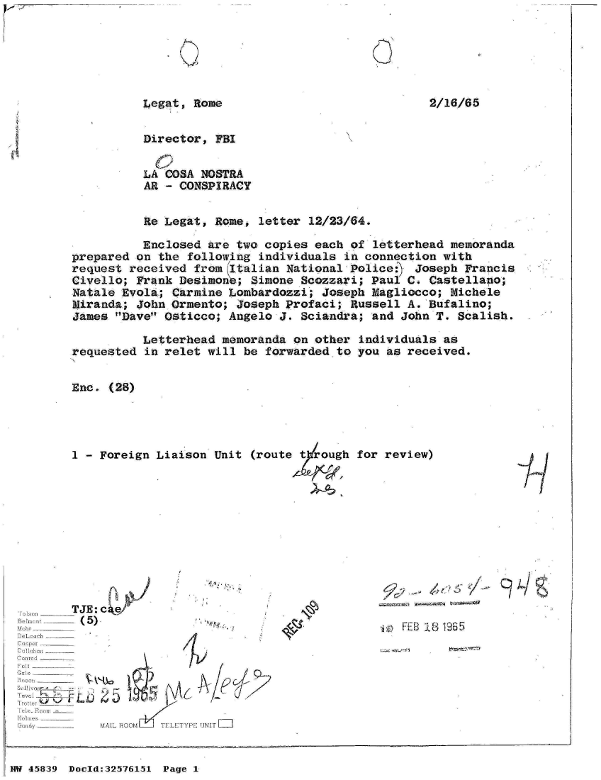 handle is hein.jfk/jfkarch34369 and id is 1 raw text is: 






Legat,  Rome


2/16/65


           Director, FBI


           LA COSA NOSTRA
           AR - CONSPIRACY


           Re Legat, Rome,  letter 12/23/64.

           Enclosed are two  copies each of  letterhead memoranda
prepared  on the following  individuals in  connection with
request  received from(Italian  National Police:)  Joseph Francis
Civello;  Frank Desimonk;  Simone Scozzari;  Paul C. Castellano;
Natale Evola;  Carmine Lombardozzi;  Joseph  Magliocco; Michele
Miranda;  John Ormento; Joseph  Profaci; Russell  A. Bufalino;
James Dave  Osticco; Angelo  J. Sciandra;  and John T. Scalish.

           Letterhead memoranda  on other  individuals as
requested  in relet will  be forwarded.to you  as received.


Enc.  (28)




1-  Foreign  Liaison Unit  (route    ough for review)


TJE:c e


Belmo n__t___ (5)
M ('hr _______
DeLoach
Casper-_____
Conrad ____
Sut orr 4


Tele. Room-
Gandy       MAIL H


0OM  TELETYPE UNIr


NW 45839 Doold:32576151 Page 1


I- -t7


F v FE B 18 19 6 5


/0
74


