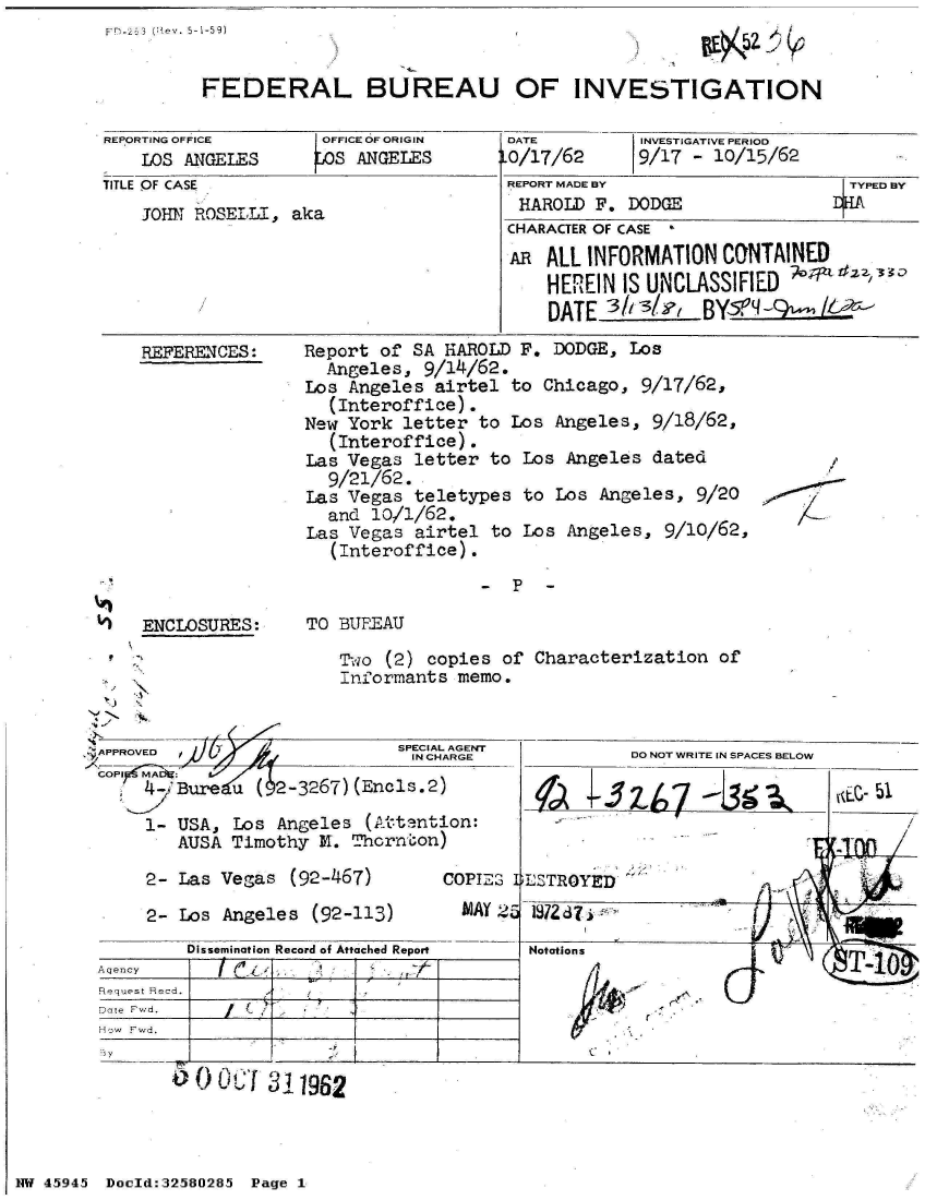 handle is hein.jfk/jfkarch34444 and id is 1 raw text is: FD-23 3 (Dev. 5-1-59)


FEDERAL BUREAU OF INVESTIGATION


REPORTING OFFICE     OFFICE OF ORIGIN
    LOS ANGELES     OS  ANGELES
TITLE OF CASE
    JOHN ROSELLI, aka


REFERENCES:


DATE
LO/17/62


REPORT MADE BY                   TYPED BY
HAROLD  F.  DODGE               jHA
CHARACTER OF CASE *
AR  ALL INFORMATION  CONTAINED
    HEREIN IS UNCLASSIFIED
    DATE  33/ l,   BYM'9-L /


Report of SA  HAROLD F. DODGE, Los
  Angeles,  9/14/62.
Los Angeles  airtel to Chicago,  9/17/62,
  (Interoffice).
New York  letter to Los Angeles,  9/18/62,
  (Interoffice).
Las Vegas  letter to Los Angeles  dated
  9/21/62.
Las Vegas  teletypes to Los Angeles,  9/20
  and  10/1/62.
Las Vegas  airtel to Los Angeles,  9/10/62,
   (Interoffice).


-P -


ENCLOSURES:


TO BIFEAU


Two (2) copies  of Characterization  of
Inf7ormants memo.


  -A V                       SPECIAL AGENT'
                              IN CHARGE
COPIF! MAbtg:
    4-iBure  u ( 2-3267)(Encls.2)

    1-  USA, Los Angeles  (Attention:
        AUSA Timothy M.  Thornton)


2- Las Vegas  (92-467)

2- Los Angeles  (92-113)


DO NOT WRITE IN SPACES BELOW


Aft


COPIES 4LSTROYED


MAY 2


         Dissemination Record of Attached Report
Aqency
Request Recd.
Date Fwd.
How Fwd.


- y


Notations

                      ciaT10


o   O   f 311962


NW 45945 Doold:32580285 Page 1


INVESTIGATIVE PERIOD
9/17 - 10/15/62


AA


/
/


1872d?7


5,


V.


