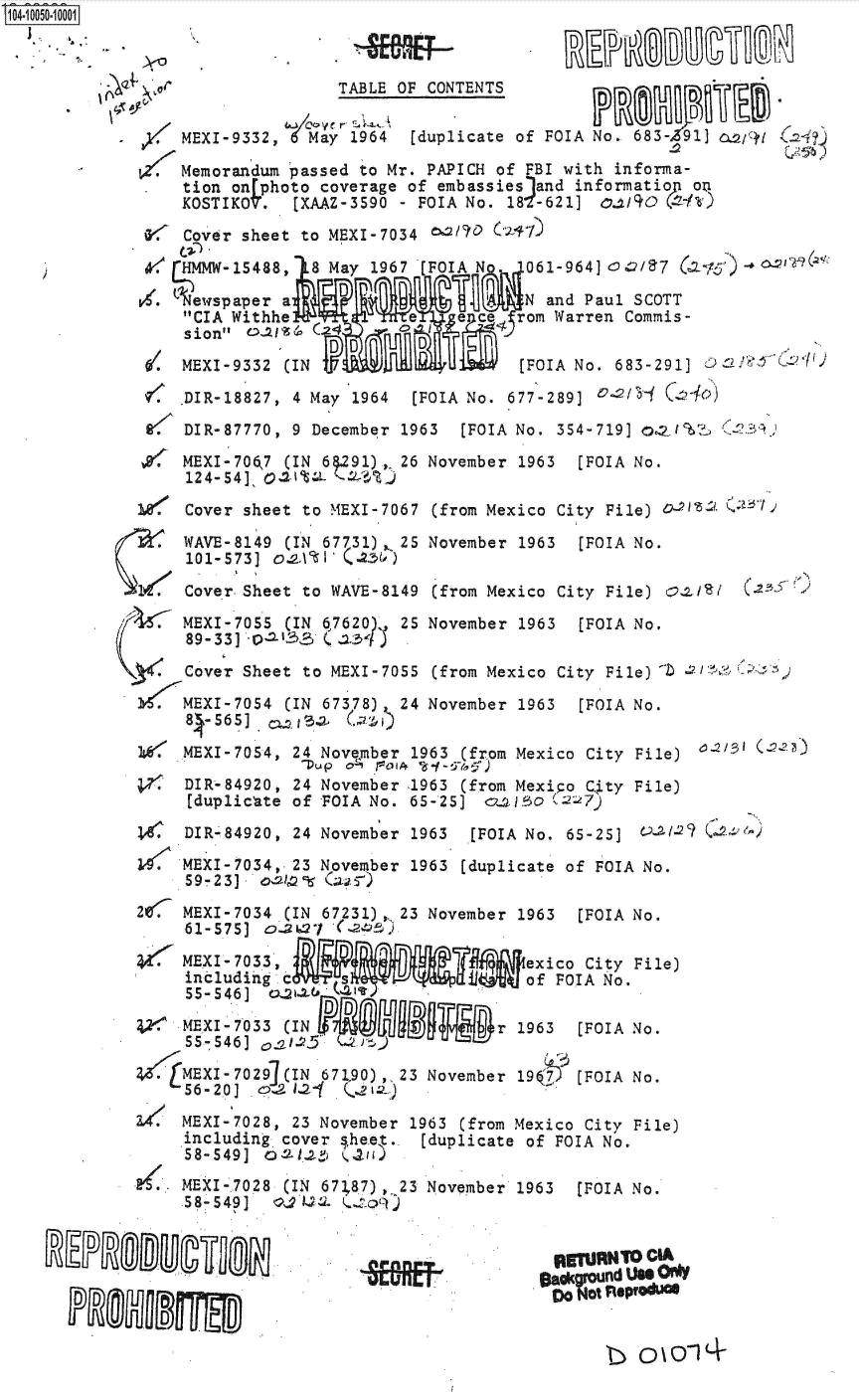 handle is hein.jfk/jfkarch36014 and id is 1 raw text is: S1O4~iOO5O~1OOO1
   J.. i'.:


-
}


.DIR-18827, 4 May 1964 [FOIA No. 677-289]      C` 40)
DIR-87770, 9 December 1963 [FOIA No. 354-719) o...1%Z. _ CnQ3'


eK


$r  MEXI-706,7 (IN 6 91) , 26 November 1963 [FOIA No.
     124-54] CG2AtL L39
bV   Cover sheet to MEXI-7067 (from Mexico City File) odit2  i
     WAVE-8149 (IN 67731), 25 November 1963 [FOIA No.
     101-573] 0 \0I(3   )
bX0  Cover. Sheet to WAVE-8149 (from Mexico City File) C.2/0/

(   MEXI-7055 (IN 67620)  25 November 1963 [FOIA No.
     89-33]       (
     Cover Sheet to MEXI-7055 (from Mexico City File) D    t
;sr. MEXI-7054 (IN 67378) 24 November 1963 [FOIA No.


84-565] .114     -
MEXI-7054, 24 Novqmber 1963 (from Mexico City File)


   2DIR-84920, 24 November 1963 (from Mexico C. ty File)
     [duplichate of FOIA No. 65-25] e:-5o (227)
J4C  DIR-84920, 24 Novemb'er 1963 [FOIA No. 65-25] 0 Qi61
    MEXI-7034, 23 November 1963 [duplicate of FOIA No.
    59-23] .  l   (ar)
20. MEXI-7034 (IN 67231) ,. 23 November 1963 [FOIA No.
     61-575] o.227
     MEXI-7033                        exico City File)
     including .c                     of FOIA No.
     55-546]  .    (&1-V3,J1
 2  MEXI-7033 (IN                  r 1963  [FOIA No.
     55-546]ot5

 3IMEX I - 7029IN 67190)  23 November 19(: [FOIA No.
     56-20] Q.21        ?)


MEXI-7028, 23 November 1963 (from Mexico City File)
.including cover ;heet. [duplicate of FOIA No.
58-549] oI.2-Z   an)


MEXI-7028 (IN 67;87), 23 November 1963 [FOIA No.
58- 549] 0J12 .209


~L~flf~fC=


OUF


pjffRH TO CIA


tb 0  0i-4


/


                   TABLE OF CONTENTS

    MEXI-9332, 6 May 1964 [duplicate of FOIA No. 683- 1] Oar91 C24)

 .  Memorandum passed to Mr. PAPICH of FBI with informa-
    tion onrphoto coverage of embassies and informatiopn on
    KOSTIKOV.  [XAAZ-3590 - FOIA No. 180-621] o0i/4/0
Of  Cover sheet to MEXI-7034         7
   4 HMMW-15488, 8 May 1967 [FOIA N  061-964] 0/7   (a 16C  
 I. Lewspaper a                      N and Paul SCOTT
    CIA Withhe           e   e ce  rom Warren Commis-
    sion -21z  (2I     L                 N
    MEXI-9332 '(IN  [)     D[F0IA No. 683-291] 0O


0 2 . 1 (9 2 1)


REMSD90UCTIM1,


       P
_4EeVT_



