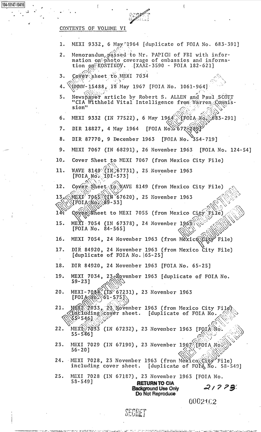 handle is hein.jfk/jfkarch40332 and id is 1 raw text is: 40147. 046 .



                  CONTENTS OF VOLUME VI


                  1.  MEXI 9332, 6 Mar 1964  [duplicate of FOIA No. 683-391]

                  2.  Memorandum' Passed to Mr. PAPICH of FBI with infor-
                      mation on'photo coverage of embassies and informa-
                      tion n  KOSTIKO.    [XAAZ-3590 - FOIA 182-621]

                  3.   q0&Y,'sheet t'b MEXI 7034

                  4.    M   S, -5488, 1i8 May 1967 [FOIA No. 1061-9641

                  5.  News-p e  article by Robert S. ALLEN ?nd Paul SCOTT
                      CIA    thheld Vital Intelligence from  t Iren 6iA;is-
                      sion

                  6.  MEXI 9332 (IN 77522), 6 May 196_4<AOIA  No4&83-291]

                  7.  DIR 18827, 4 May 1964   [FOIA No. 67

                  8.  DIR 87770, 9 December 1963   [FOIA No. 354-719]

                  9.  MEXI 7067 (IN 68291), 26 November 1963   [FOIA No. 124-54]

                  10.. Cover Sheet to MEXI 7067 (from Mexico City File)

                  11. WAVE 8149 (IN67731),  25.November 1963
                      [FOIA No  101-573]

                 12.  Co..  S'heet    AVE 8149  (from Mexico City File)

                 13                 67620) , 25 November 1963
                     POI -33

                         .    eet to MEXI 7055  (from Mexico C   Tie)

                 15.  ME   7054 (IN 67378), 24 November 1 6:
                      [FOIA No. 84-565]
                 16.  MEXI 7054, 24 November 1963 (from M\ic        File)

                 17.  DIR 84920, 24 November 1963 (from Mexico City File)
                      [duplicate of FOIA No. 165-25]
                 18.  DIR 84920, 24 November 1963 [FOIA No. 65-25]

                 19.  MEXI 7034, 234ovember  1963 [duplicate of FOIA No.
                      59-23]

                 20.  MEXI-7        67231), 23 November 1963
                      [FOIA     6 l-575 .
                 21.             23. Evember 1963 (from Mexico City Fil.
                           i   ,ding&o@  r sheet.  [duplicate of FOIA No .
                        .5 4
                 22.  1E   7,073 (IN 67232), 23 November 1963 [FQtIo

                 23.  MEXI 7029 (IN 67190), 23 November 19      OIA      9
                      56-20]

                 24.  MEXI 7028, 23 November 1963 (from MeIcoFile)
                      including cover sheet.  [duplicate of FO    o. 58-549]

                 25.  MEXI 7028 (IN 67187), 23 November 1963 [FOIA No.
                      58-549)              RETURNTO CIA
                                         Background Use Only       / 2 ?
                                         Do  Not Reproduce
                                                           00621-C 2


