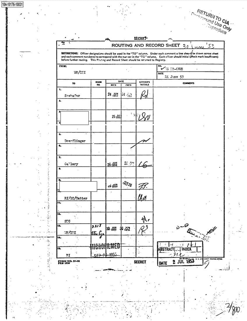 handle is hein.jfk/jfkarch42423 and id is 1 raw text is: 104-10176-10031

           A         S


UP~


ROUTING AND RECORD SHEET


MUIRKT1ONS: Officer designat~tcns should be used in --oe  column. Under each c=mrnent a line sJSCur ~be drawn across teet
and each comment numbered toveva~nd with the nurre1a in the T0 cc~umn. Each efficer &bould initiae (~eck mark insuffisant)
before further mrtinZ. This lot-.tnC and Record Sheet should be returined to Registry.


        Toll 11                                            DATE
              ____________  ___________                                24 June 53
                        Ra _D           ATE    cOrnr
          TO          M       RCO       awu     !NIIm.s

LS-elma'er                  24  J9U  12 -3





                               25 ?91:





  Doer-flinger              ___          __






      a.          IV,3






  RI/SaA.'%tter    ______



    I'.

         sc~9 ti__

         mtrri              ____            ~                                    -    /(.
         ii.ion


   p tr.


M10NO. 91460


SECRET    TE2 JUL1

                    DATE


~..j                I      *


N              SUR11-


. . ........ . 1 :


