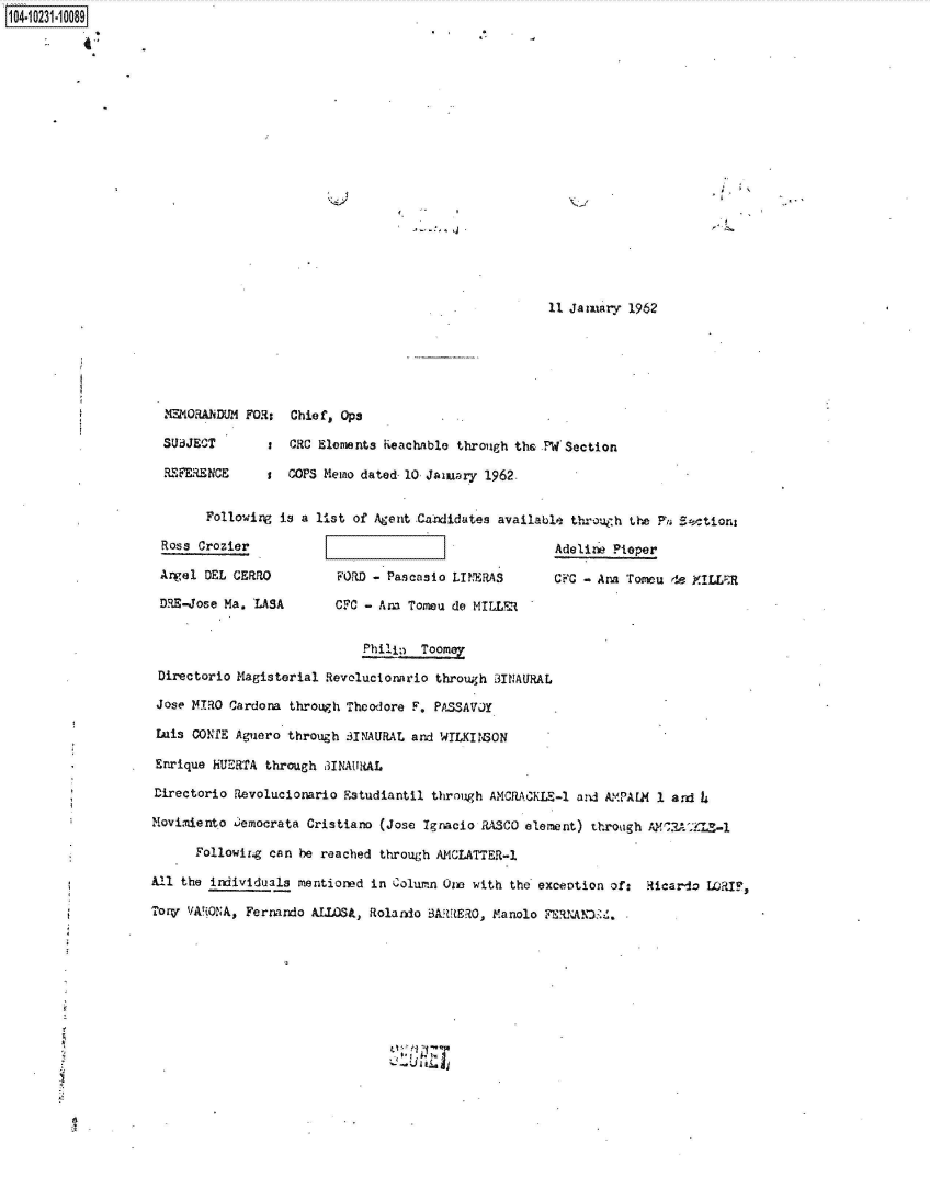 handle is hein.jfk/jfkarch46494 and id is 1 raw text is: 1O4~iO231~1OO89

          C


                                                      11 Jaiuary 1962






  MEMORANDUM FOR:  Chief, Ops

  SUBJECT       i  CRC Elements Reachable through the Pd Section

  REFERENCE     s  COPS Memo dated 10 Jauary  1962.


        Following is a list of Agent Candidates available through the Fu Section

 Ross Crozier                                          Adeline Pioper

 Angel DEL CERRO         FORD - Pascaslo LTNERAS       CFC - Ana Tomu  de YILLER

 DRE-Jose Ma. LASA       CFC - Ana Tomeu de MILLER


                             Philin Toome
 Directorio Magisterial Revolucionario through 3INAURAL

 Jose 14RO Cardona through Theodore F. PASSAVJY

 Luis CONfE Aguero through SINAURAL and WLKIINSON

 Enrique HUERTA through 3INAURAL

 Directorio Rvolucionario Rstudiantil through AMCRACKLE-1 and AMPALM 1 ard 4

 Movidento democrata Cristiano (Jose Ignacio RASCO element) through   ALILE-1

      Following can be reached through AMCLATTER-1

All the individuals mentioned in Column One with the exceotion of:  Ricardo LORIF,

Tory VA.iONA, Fernando ALLOSA, Rolando BARRERO, Manolo FERNAND . .


