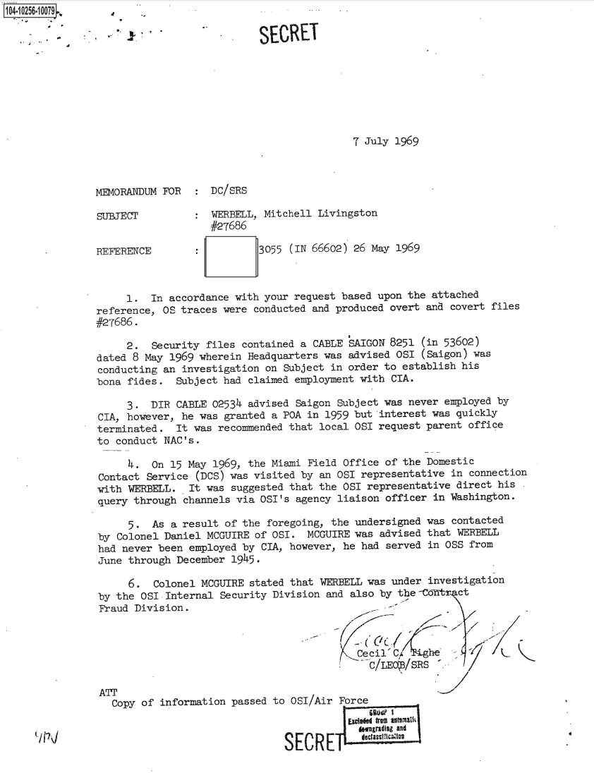 handle is hein.jfk/jfkarch47072 and id is 1 raw text is: 104.10256.10079


7 July 1969


MEMORANDUM FOR

SUJRECT


REFERENCE


:  DC/SRS

:  WERBELL, Mitchell Livingston
   #27686

           3055 (IN 66602) 26 May 1969


     1.  In accordance  with your request based upon the attached
reference, OS traces  were conducted and produced overt and covert files
#27686.

     2.  Security  files contained a CABLE SAIGON 8251 (in 53602)
dated 8 May 1969  wherein Headquarters was advised OSI (Saigon) was
conducting an  investigation on Subject in order to establish his
bona fides.   Subject had claimed employment with CIA.

     3.  DIR  CABLE 02534 advised Saigon Subject was never employed by
CIA, however, he  was granted a POA in 1959 but interest was quickly
terminated.   It was recommended that local OSI request parent office
to conduct NAC's.

     4.  On  15 May 1969, the Miami Field Office of the Domestic
Contact  Service (DCS) was visited by an OSI representative in connection
with WERBELL.   It was suggested that the OSI representative direct his
query through  channels via OSI's agency liaison officer in Washington.

     5.  As  a result of the foregoing, the undersigned was contacted
by Colonel  Daniel MCGUIRE of OSI.  MCGUIRE was advised that WERBELL
had never been  employed by CIA, however, he had served in OSS from
June through  December 1945.

     6.   Colonel MCGUIRE stated that WERBELL was under investigation
by the  OSI Internal Security Division and also by the -C tr  ct
Fraud Division.
                                          t/ r-/

                                            Cecil' C/   he
                                              C/LEO /SRS  -

ATT
   Copy of information passed to OSI/Air Force
                                           SEzieded from utathI]AI
                                             downgrading and
                                SECRE


SECRET


..


