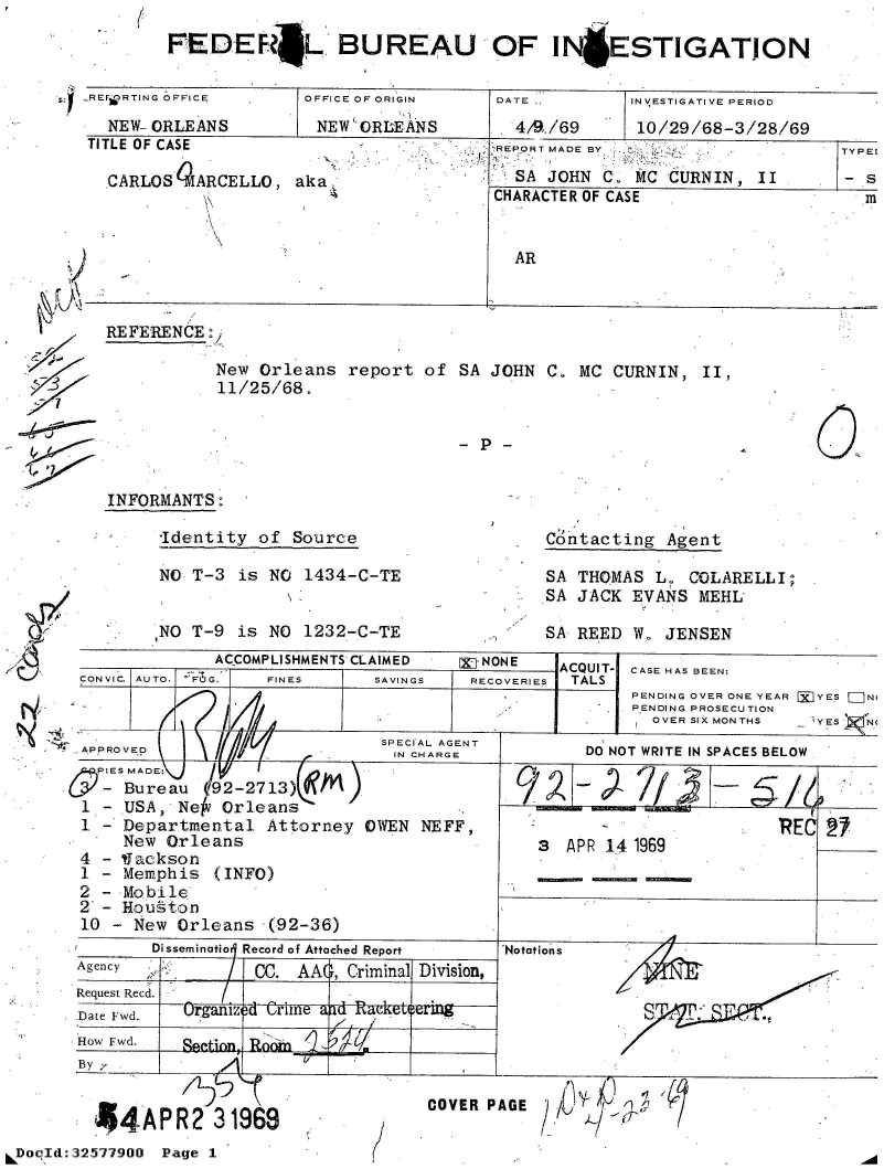 handle is hein.jfk/jfkarch53931 and id is 1 raw text is: 6


-REFORTING OFFICE.
  NEW- ORLEANS


TITLE OF CASE

  .CARLOS 4ARCELLO,


OFFICE OF ORIGIN
NEW ORLEANS


aka,


DATE ,

. 4/W./69


REPORT MADE BY
  SA JOHN C. MC CURNIN, II
CHARACTER OF CASE


AR


REFERENCE :


New Orleans report of
11/25/68.


SA JOHN C. MC CURNIN, II,


INFORMANTS:


Identity of Source

NO T-3 is NO 1434-C-TE


INO T-9 is NO 1232-C-TE


Contacting Agent


SA THOMAS L. COLARELLI;
SA JACK EVANS MEHL


SA REED W. JENSEN


            ACCOMPLISHMENTS CLAIMED  [X]-NONE  ACQUIT- CASE HAS BEEN:
 CONVIC. AUTO.  FOJG.  FINES  SAVINGS   RECOVERIES  TALS
                                             PENDING OVER ONE YEAR P YES =N
                                        rAU  PENDNG PROSECUTION
                                               OVER SIX MONTHS  I YES 'NI


5  IES MADE:           ~f                  ~  7
   - Bureau (92-2713)               I/I,31T
 1 - USA, Ne Orleans
 1 - Departmental Attorney OWEN NEFF,                    RE 2
    New Orleans                      3  APR 141969
 4 - IJackson
 1 - Memphis (INFO)
 2 - Mobile
 2 - Houston
 10                                          PDNew OrleansO(92-36)
       Disseminatio  Record of Attached Report  'Notations
               CC. AAO, CriminalV Division,
 Request Recd.  ogn~ci
                Ur line                 APR 14 1969lua




 Date Fwd. i i o o A a dR eport    No tat
    AgencyI C     C. A A   C r mi a  D i is on

 How Fwd. Srgnoi4a       k  i
 By;--         _ _ _ _ _ _ _ __     _ _ _ _ _ _ _ _ _ _ _ _ _ _ _ _ _ _


COVER PAGE


      44APR2 31969
DocId:32577900 Page 1


FEDEFL BUREAU OF IN ESTIGATION


INVESTIGATIVE PERIOD
10/29/68-3/28/69


I




3
'-7



I,?


TYPEl

- s
  m


7


*1


- P-


4r,,  11


