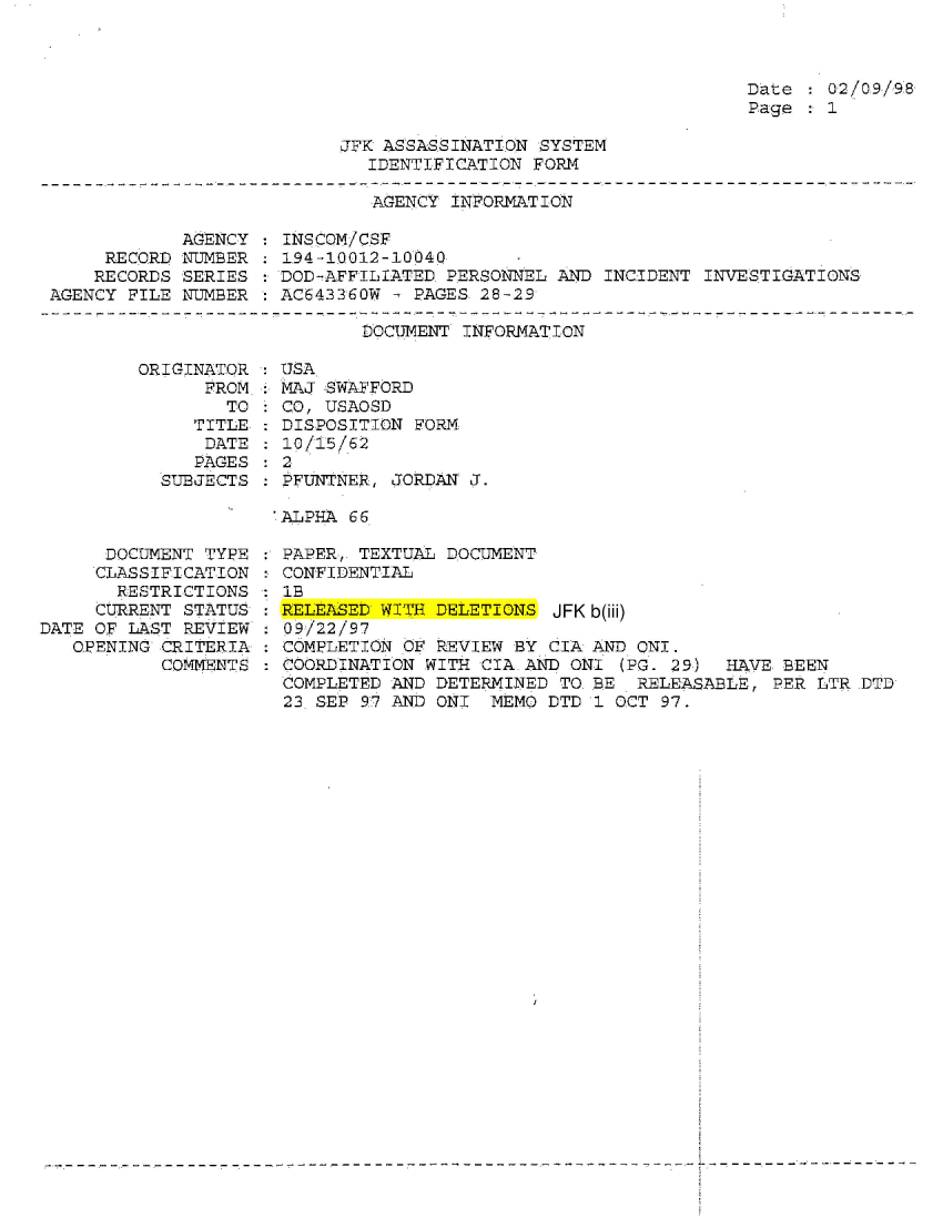 handle is hein.jfk/jfkarch54320 and id is 1 raw text is: 



Date   02/09/98
Page   1


JFK ASSASSINATION SYSTEM
   IDENTIFICATION FORM


AGENCY INFORMATION


            AGENCY
     RECORD NUMBER
     RECORDS SERIES
AGENCY FILE NUMBER


INSCOM/CSF
194-10012-10040
DOD-AFFILIATED PERSONNEL AND  INCIDENT INVESTIGATIONS
AC643360W - PAGES 28-29


DOCUMENT INFORMATION


ORIGINATOR
      FROM.
        TO
     TITLE
     DATE
     PAGES
  SUBJECTS


      DOCUMENT TYPE
      CLASSIFICATION
      RESTRICTIONS
      CURRENT STATUS
DATE OF LAST REVIEW
   OPENING CRITERIA
           COMMENTS


  USA.
  MAJ SWAFFORD
  CO, USAOSD
  DISPOSITION FORM
  10/15/62
:2
  PFUNTNER, JORDAN J.

  ALPHA GG


PAPER, TEXTUAL DOCUMENT
CONFIDENTIAL
1B
RELEASED WITH DELETIONS  JFK b(iii)
09/22/97
COMPLETION OF REVIEW BY CIA AND  ONI.
COORDINATION WITH CIA.AND ONI  (PG. 29)  HAVE BEEN
COMPLETED AND DETERMINED TO. BE  RELEASABLE, PER LTR .DTD
23 SEP 97 AND ONI  MEMO DTD  1 OCT 97.


