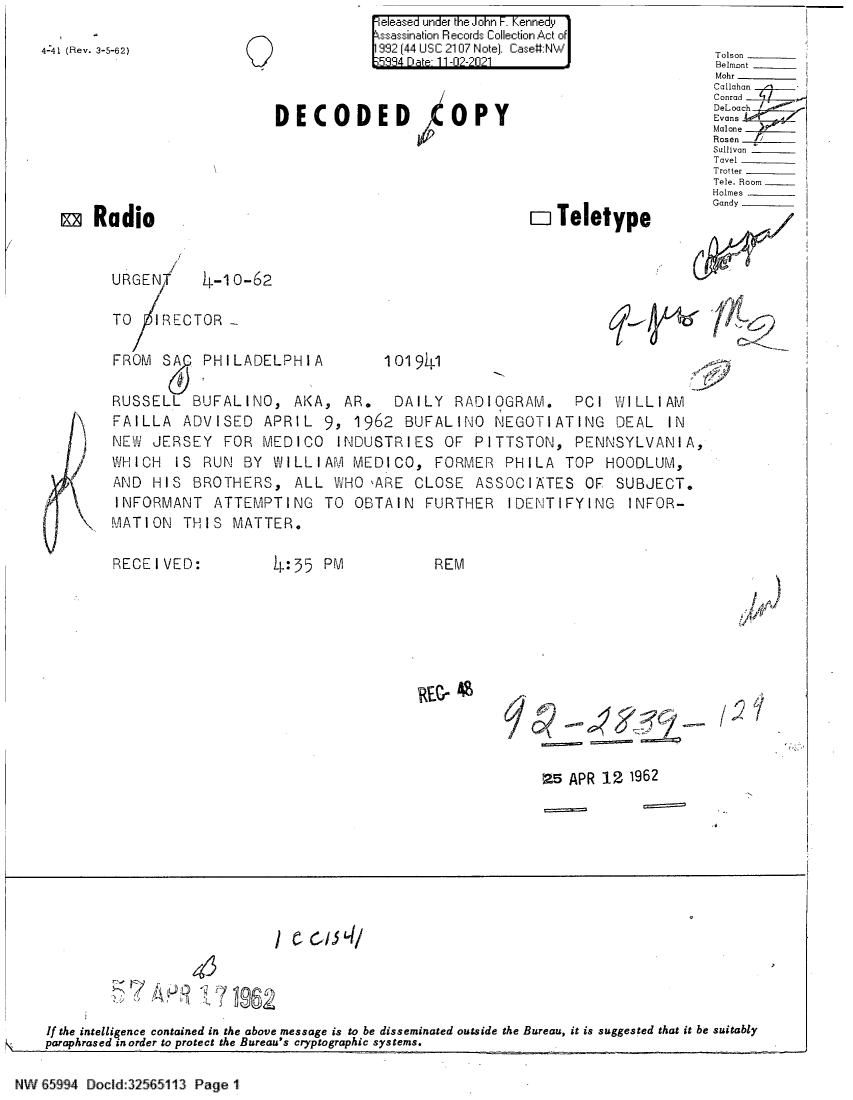 handle is hein.jfk/jfkarch61053 and id is 1 raw text is: 4:41 (Rev. 3-5-62)

Q'

eleased under the John t-. Kennedty
ssassination Records Collection Act of
992 (44 USC 2107 Note]. Case:NW
5984 Dat 11-02-2021

DECODED COPY

® Radio

U)

w Teletype

URGENT  ] -10-62
TO  IRECTOR _-
FROM SA PHILADELPHIA      1019If1
RUSSELL BUFALINO, AKA, AR. DAILY RADIOGRAM. PCI WILLIAM
FAILLA ADVISED APRIL 9, 1962 BUFALINO NEGOTIATING DEAL IN
NEW JERSEY FOR MEDICO INDUSTRIES OF PITTSTON, PENNSYLVANIA,
WHICH IS RUN BY WILLIAM MEDICO, FORMER PHILA TOP HOODLUM,
AND HIS BROTHERS, ALL WHO ARE CLOSE ASSOCIATES OF SUBJECT.
INFORMANT ATTEMPTING TO OBTAIN FURTHER IDENTIFYING INFOR-
MATION THIS MATTER.

RECEIVED:

1i:35   PM

REM

.,t

I

5 APR 12 1962

I~ ~ ~           CC-'L.5k f/
If the intelligence contained in the above message is to be disseminated outside the Bureau, it is suggested that it be suitably
paraphrased in order to protect the Bureau's cryptographic systems.

NW B5994 Doclid:32565113 Page 1

f

Tolson______
Belmont _
Mohr _
Callahan
Conrad
DeL oach
Evans
Malone
Rosen   /_   _
Sullivan _
Tavel ______
Trotter            I
Tele. Room _
Holmes _____
Gondy______
[7/C


