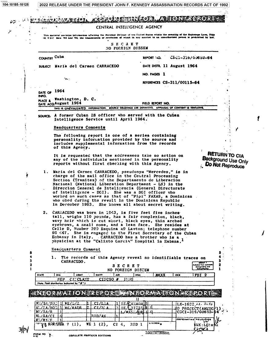 handle is hein.jfk/jfkarch75886 and id is 1 raw text is: 5 2022 RELEASE UNDER THE PRESIDENT JOHN F. KENNEDY ASSASSINATION RECORDS ACT OF 1992


*


Headquarters  Comments


     Tho following  report is one  of a series containing
     personality inforuation  provided  by the source  and
     includes supplemental  information  from the  records
     of this Agency.

     It is requested  that the addressees  take no  action on
     any of the individuals  mentioned  in the personality
     reports without  first checsing  with this Agency.

1.  Maria  del Carmen CARRACEDO,  pseudonym  Mercedes,  is in
    charge  of the mail  office in the  Ceittral Processing
    Section  (Tramites)  of the Departamento  de Liberacion
    Nacional  (National  Liberation Department  - LN)  in the
    Direccion  General de  Intelivencia  (General Directorate
    of  Intelligence - DGI).   She was  a DGI officer Tho
    worked  on such casPes as that of Pipi  FAXAS, a Dominican
    who died  during the  revolt in the Dominican  Republic
    in December  1963.  She  knows all about  secret writing.

2.  CARiACEDO  was born in  1943, is five  feet five inches-
    tall, weighs  110 pounds,  has a fair complexion,  black,
    wavy htir  which is cut short,  black eyes,  thin arched
    eyebrows,  a small nose,  and a lean face.   She resides  at
    Calle D,  Number 203 Esquina  a9 Lawton;  telephone number
    98 647.  She  is engaged  to the First Secretary  of the Cuban
    Embassy in  Italy.   CARRACEDO  has a brother  who is a
    physician at  the Calixto Garcia  Hospital  in Habana.1


  RETURN   TO  CIA
Background  Use Only
_.o0 Not Reprodjuce


      Headquarters  Comment

      1.  The  records of  this Agency reveal  no identifiable  traces on
          CAnRACEDO.
                                 SECRET                             '':..
                               NO FOREIGN DISCEM
STA     DIA      ASMY     NAVY    me       NSA      pCX  l  oca      FBI 2
         REP CJ-CLA.WT     CI\CSO #   I:NS  .
tN.. Field datehIbelao ledieca by -it-)


- A AC. -= ~ - - - -- -  '- - ~--= ''~' >jfiIr r t~,.p.: S tC~ Mfl *tte'...~ t~ 'ZS tfl E'.~ It,


IWf/SA'/EO'. H WE/5/ii


SI -/R A/ r T


n I C/Tt.A


I In n/     h I


ilI I-AP -ACA A fll


I ~                                              I          * 4


W-/w4-l'  III


I I


WE 1  (2),


3/ps      A.I    7 (1).


CI 4,   37D 1


IIIX-62 9.. ~


'40 PiROjECT(AM1.UG
tiCSCI-316/00652-


UK:L  


FOR X


                         CENTRAL  INTELLIGENCE AGENCY
  Tl. m.tr.1  0o1e1,talna IrMIft A'  a eThiig the. patOaW  D.e..lt of the V.04 teSM  t.btn ta .  m ala d the ePe@I.O   taw. It.
  .IS. I V  C  Se.  7m  6a  T  the U .  .IM0e of  .asU  at  w cA gbIn any mann  w  an tA*wrtW t  p3ga  Y  pnlbflei b, IaW:
                                S E C R E T
                              NO FOREIGN  DISSEM

COUNTRY Cuba                                  REPORT :i.  CSi-31jG  J6 J-44

SuaJECT Maria del Carmen  CARRACEDO           DATE DISTR. 11 August 1964

                                             NO. PAGES 1

                                             REFERENCES CS-311/00115-64

    E  1964
INFO.
NCE  i Washington,  D. C.
DATE, AC;August .1964                        FIELD REPORT -NO.
       IS 1S -NEVALUATED INFOMATICON. SOUWA OOAmGOS AS DI[NIIWL. APPWALAL 0f CONTENTIS TEnAnn.

SOuaCE, A former Cuban IS officer  who served  with the Cuban
       Intelligence  Service until  April 1964.


1'


eI


a
4
3
2
1


5.
4
3
2
1


4)


,


t. **a«


13111    C11


1104-10185-101251


t


s


1       1y --j L -1 L
   T /wnc-- rn T tl


I |


0W0Lr~n rffOUS RDMONR


