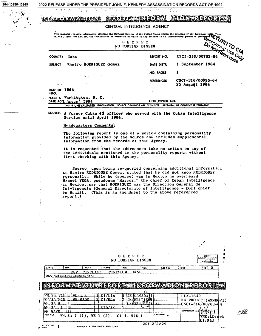 handle is hein.jfk/jfkarch76234 and id is 1 raw text is: 104-10186-10265


      -


2022 RELEASE UNDER  THE PRESIDENT JOHN F. KENNEDY ASSASSINATION  RECORDS  ACT OF 1992


IIadquarters   Comments:

The   following report  is one  of a seric   containing  personality
information   provided  by the  source anc  includes  supplemental
information   from  the records  of thi;  Agency.

It  is  requested  that the addressees   take no action  on any  of
the  idd.ividuals mentioned   in the personality  reports  without
first   checking with  this Agency.


     Source,  upon being  re-queried  concerning  additional  informat i,:
 Gn Ramiro  RODRIGUEZ  Gomez, stated  that he  did not  know RODRIGUE2
 personally.   While  he (source)  was in Mexico  he overheard
 Manuel VEGA,  pseudonym  Marcos,  the chief  of Cuban  Intelligence
-ii. Mexico,.say that  RODRIGUEZ  was the Direccion  General  de
Inteligencia   (General  Directorate  of Intelligence   - DGI) chief
in  Brazil.   (This is  an amendment  to the  above referenced
report.)


   SE   CR  E T
NO FOREIGN  DISSEM


r-ouT ,


4
3
2
1


STATE   lOIA      ARMY    NAVY     AIR      NSA      X[XX     oCR     I FBI 2
          . REP  CINCLANT    CINCSO *   f&NS
(No'e- FIeld didibuton n-aled by ___.)


I


J                    q 'itE let r  Q     .           I


h1 SA  EC  I WE_-5 - 5R\C :/LIAADA I I LX-1649
1I .'S- iMCf            ` C9 /I l: TtS 1 JNO PROJECT(AMMU /1;
j~UAi                                 .   ,JI                    SCI -316/007 03- 4


       WE SA 7 (1), WEI        . RID 1 I * * K:LD:: wk


-OMFl                                  201-3311329


)1 - .-' I


                          CENTRAL  INTELLIGENCE AGENCY
   This at.l. * eniatna Sartwacna a..tune U,. Ratkuat eftn.e of (ne Vun.d RIat.. .ithin th. fealnln of W.e sooa.. t .3I t
   I/. U C UE... 'W and To. 16e tifanI.m . .< Rt.tLain of *hich In any manner to an unauthorleed (e.o . proh

                               NO FOREIGN  DISSEM                        O

COUNTRY  Cuba                                  REPORT NO.  CSCI-316/00703-64

SUBJECT  Ramiro RODRIGUEZ  Gomez               DATE DISTR. 1  September  1964

                                               NO. PAGES   1

                                               REFERENCES  CSCI-316/00695-64
                                                           25 Augut.1964
DATE OF 1964
INFO.
PLACE 3 Washigton,  D.' C.
DATE ACQ. A gus, 1964                          FIELD REPORT NO.
       THIS IS 'UNEVALUATED INFFORMATION. SOURCE ORADINOS AK OEINITILVE AFPASMA 0 -CONTEMT S TPTWATWL

SOURCE, A former Cuban  IS officer  who served  with the  Cuban Intelligence
       Sir-.ice until April  1964.


TI


OliSOtlm rmEVOC E M O.S



