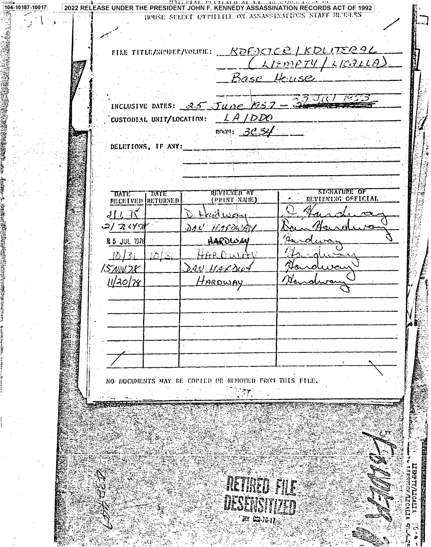 handle is hein.jfk/jfkarch76349 and id is 1 raw text is: 14-oooa
104-10187-10017

--1     f  1
       J
 - t;

 d
 ,












 x









q
YC
a     `




A


Z


3`

tiE







~n
?1
4


x


F


2022 RELEASE UNDER  THE PRESIDENT JOHN F. KENNEDY ASSASSINATION RECORDS  ACT OF 1992
                            lll r i.l:r (~'IV 'f II i: O'N ASSAS1 º;: I~ ~.' ti .


              ri LI iTI                                                    _~,i ~ OII~1:~ )T)'



                                                                 iL/ Ik1 ri L j  ?






             INCLUSI.Vl: DATF.S: c  ij lj~&Ztz 't'-      I

             CUJSTOD)IAL UNJT/l.QCATflnv:  Z  A  /  X>0II



             DU.LI:TIoNs. tr ANY:________________________







             i A n;                                        . - l.il 7 1 1    A'1 ;I ,tI.flI : OF
             PI'sCIi  I 'lilI' JWTllRNEi)  ....I'ºI NI',Vtl    REI~ iVIEWING OFFICIAL.





             5. JUL 197f __________






















             NO IJUCU MJ:NTS  MAY  Jac cOrrP t 31.3) Oitlrnri  f~?1 S  I: T1.1:.



                  're.  2 -F '-: q  ? r . $° - L {.p' F ~ 9:
                  ...........................................

*' ~ * s *' * .- Sr r' - ' _d e '-  '. a1(.








          * Z S -  t  t  -  '     -                                              -,b ' . r  - . Y , i _ * ' . -
                  (kh      ki   wP r atr     ¢ `     $  .'.X '        j.         ^-7






                                                                                             *3l


.. C .                   ..       .  ... ...


