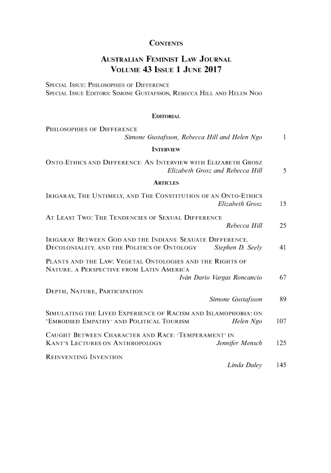 handle is hein.journals/afemlj43 and id is 1 raw text is: 




CONTENTS


               AUSTRALIAN  FEMINIST  LAW  JOURNAL
                  VOLUME  43 ISSUE  1 JUNE 2017

SPECIAL ISSUE: PHILOSOPHIES OF DIFFERENCE
SPECIAL ISSUE EDITORS: SIMONE GUSTAFSSON, REBECCA HILL AND HELEN NGO


                             EDITORIAL

PHILOSOPHIES OF DIFFERENCE
                     Simone Gustafsson, Rebecca Hill and Helen Ngo 1

                             INTERVIEW

ONTO-ETHICS AND DIFFERENCE: AN INTERVIEW WITH ELIZABETH GROSZ
                                 Elizabeth Grosz and Rebecca Hill 5

                             ARTICLES

IRIGARAY, THE UNTIMELY, AND THE CONSTITUTION OF AN ONTo-ETHICS
                                               Elizabeth Grosz  15

AT LEAST Two: THE TENDENCIES OF SEXUAL DIFFERENCE
                                                 Rebecca Hill   25

IRIGARAY BETWEEN GOD AND THE INDIANS: SEXUATE DIFFERENCE,
DECOLONIALITY, AND THE POLITICS OF ONTOLOGY   Stephen D. Seely  41

PLANTS AND THE LAW: VEGETAL ONTOLOGIES AND THE RIGHTS OF
NATURE. A PERSPECTIVE FROM LATIN AMERICA
                                    Ivdn Dario Vargas Roncancio 67

DEPTH, NATURE, PARTICIPATION
                                            Simone Gustafsson   89

SIMULATING THE LIVED EXPERIENCE OF RACISM AND ISLAMOPHOBIA: ON
'EMBODIED EMPATHY' AND POLITICAL TOURISM           Helen Ngo   107

CAUGHT  BETWEEN CHARACTER AND RACE: 'TEMPERAMENT' IN
KANT'S LECTURES ON ANTHROPOLOGY               Jennifer Mensch  125

REINVENTING INVENTION
                                                 Linda Daley   145


