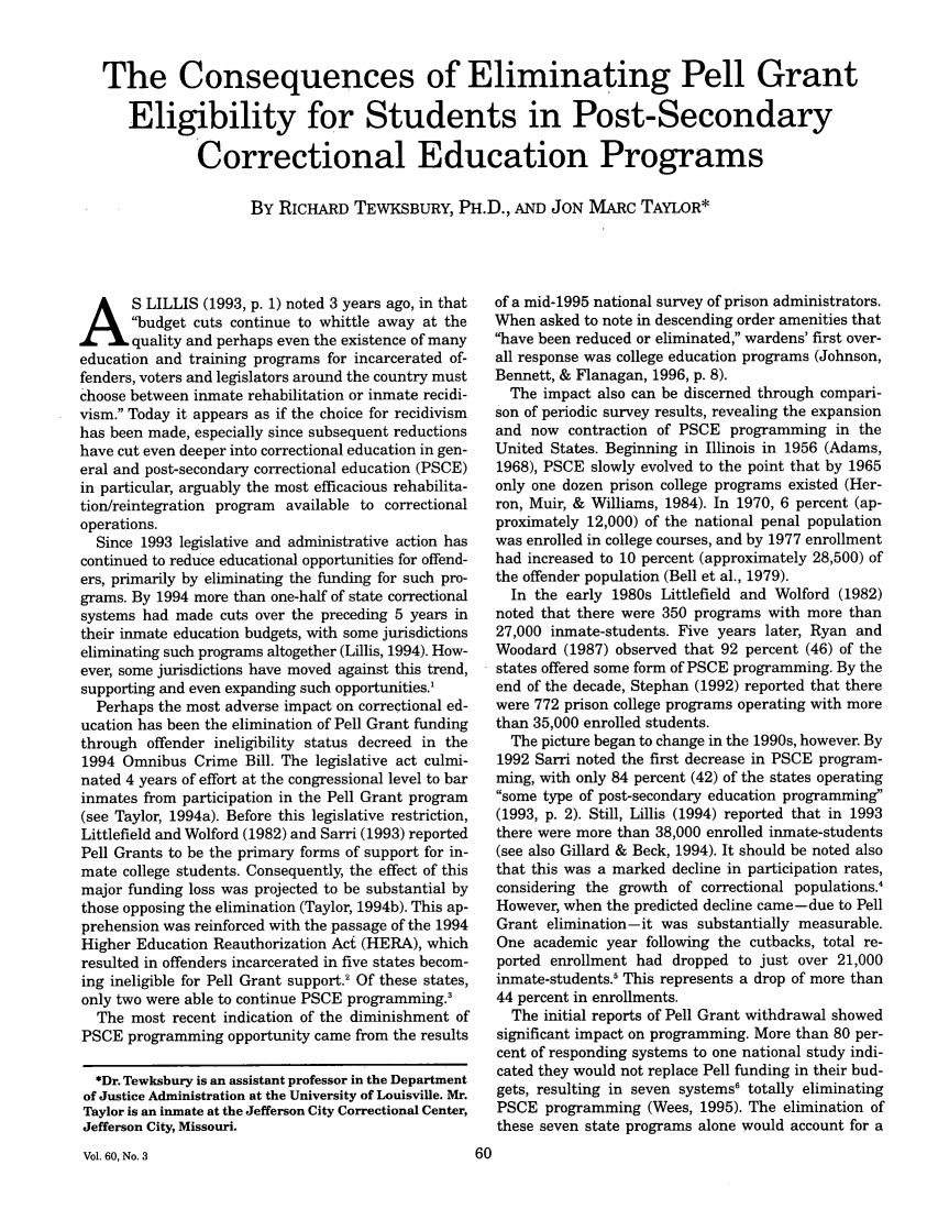 The Consequences of Eliminating Pell Grant Eligibility for Students in