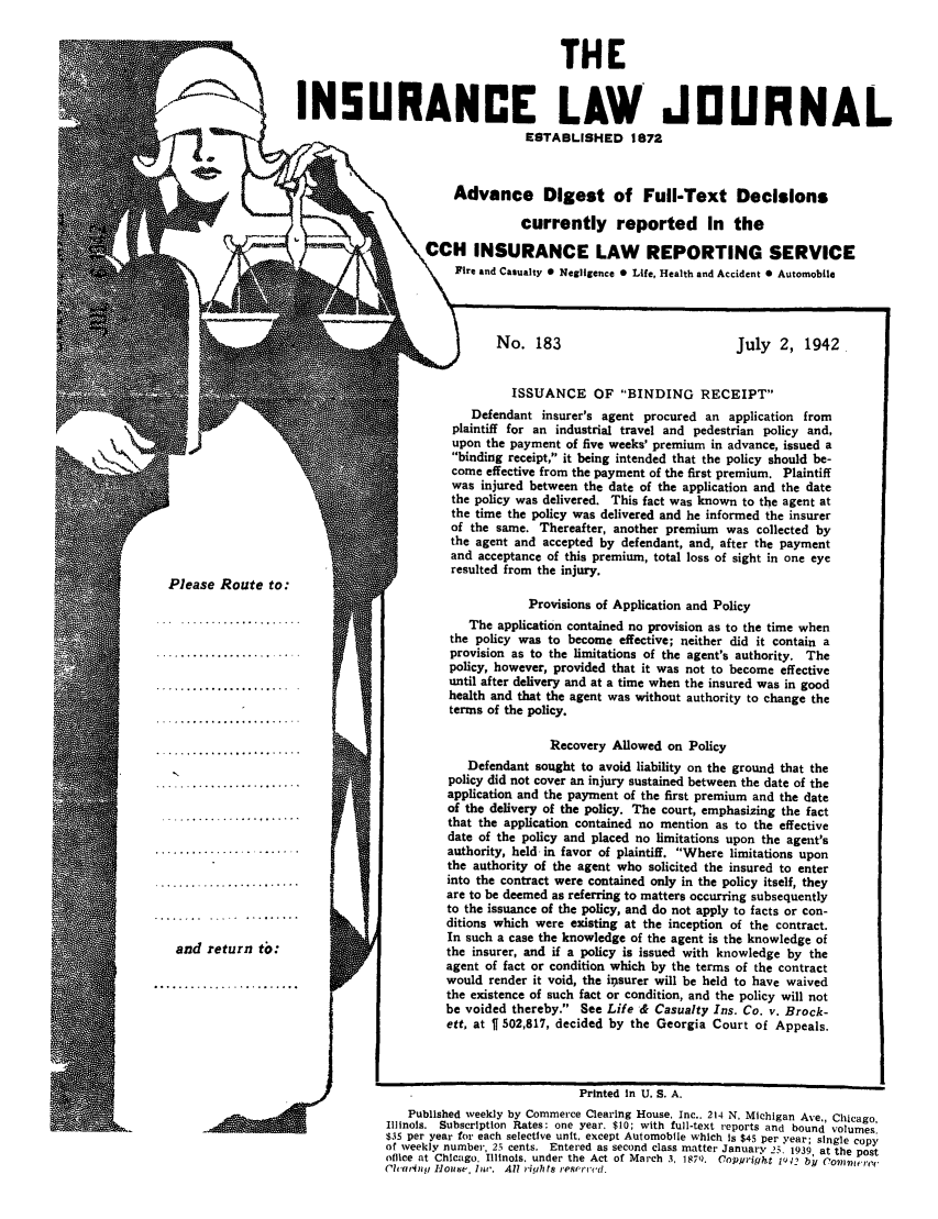 Issuance Of Binding Receipt Number 183 1942 Insurance Law