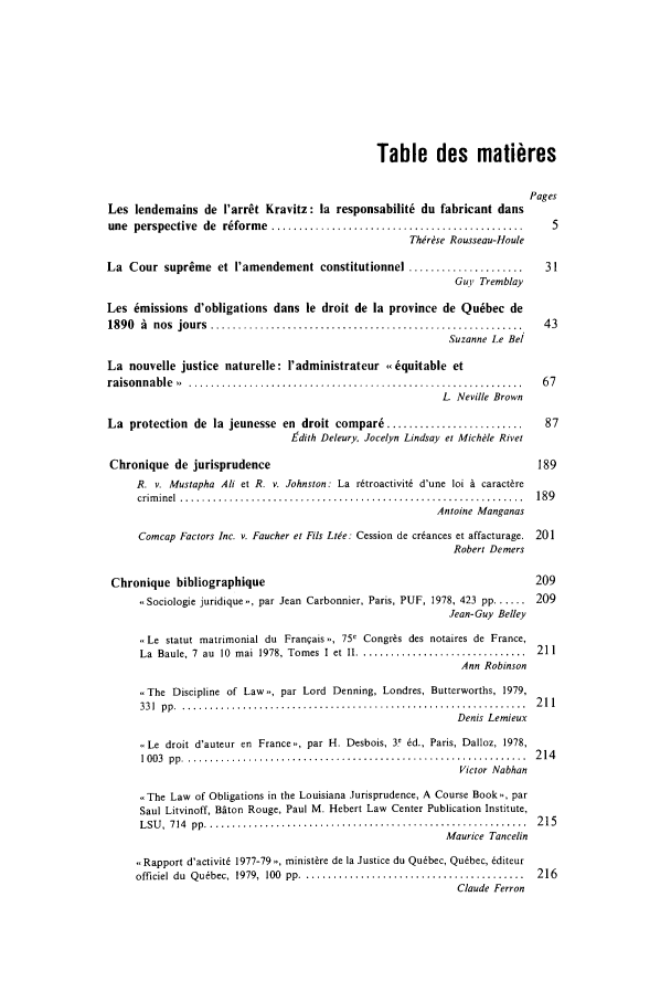 handle is hein.journals/lcdd21 and id is 1 raw text is: Table des matieres
Pages
Les lendemains de I'arr~t Kravitz: la responsabilit6 du fabricant dans
une  perspective  de  riform e  ..............................................  5
Thirese Rousseau-Houle
La Cour supreme et I'amendement constitutionnel .....................          31
Guy Tremblay
Les 6missions d'obligations dans le droit de la province de Quebec de
1890  i  nos  jours  .........................................................  43
Suzanne Le Bet
La nouvelle justice naturelle: I'administrateur , 6quitable et
raisonnable  .. ............. ...............................................  67
L Neville Brown
La protection de la jeunesse en droit compar6 .........................        87
E dith Deleury, Jocelyn Lindsay et Michele Rivet
Chronique de jurisprudence                                                    189
R. v. Mustapha Ali et R. v. Johnston: La r~troactivit6 d'une loi A caractbre
crim inel  ...............................................................  18 9
Antoine Manganas
Comcap Factors Inc. v. Faucher et Fils Ltee: Cession de cr~ances et affacturage. 201
Robert Demers
Chronique bibliographique                                                    209
,Sociologie juridique,, par Jean Carbonnier, Paris, PUF, 1978, 423 pp ...... 209
Jean-Guy Belley
,Le statut matrimonial du Franqais,,, 75e Congr~s des notaires de France,
La  Baule, 7  au  10  mai  1978, Tomes  I  et  II ...............................  211
Ann Robinson
,,The Discipline of Law,,, par Lord Denning, Londres, Butterworths, 1979,
33 1  p p  . .... .... ........................... ............................  2 1 1
Denis Lemieux
Le droit d'auteur en France,, par H. Desbois, 3 6d., Paris, Dalloz, 1978,
1003  pp  . ..............................................................  2 14
Victor Nabhan
,,The Law of Obligations in the Louisiana Jurisprudence, A Course Book,,, par
Saul Litvinoff, Brton Rouge, Paul M. Hebert Law Center Publication Institute,
L SU ,  714  pp  ...........................................................  2 15
Maurice Tancelin
,,Rapport d'activit6 1977-79 ,,, ministre de la Justice du Quebec, Qutbec, 6diteur
officiel du  Quebec,  1979,  100  pp .........................................  216
Claude Ferron


