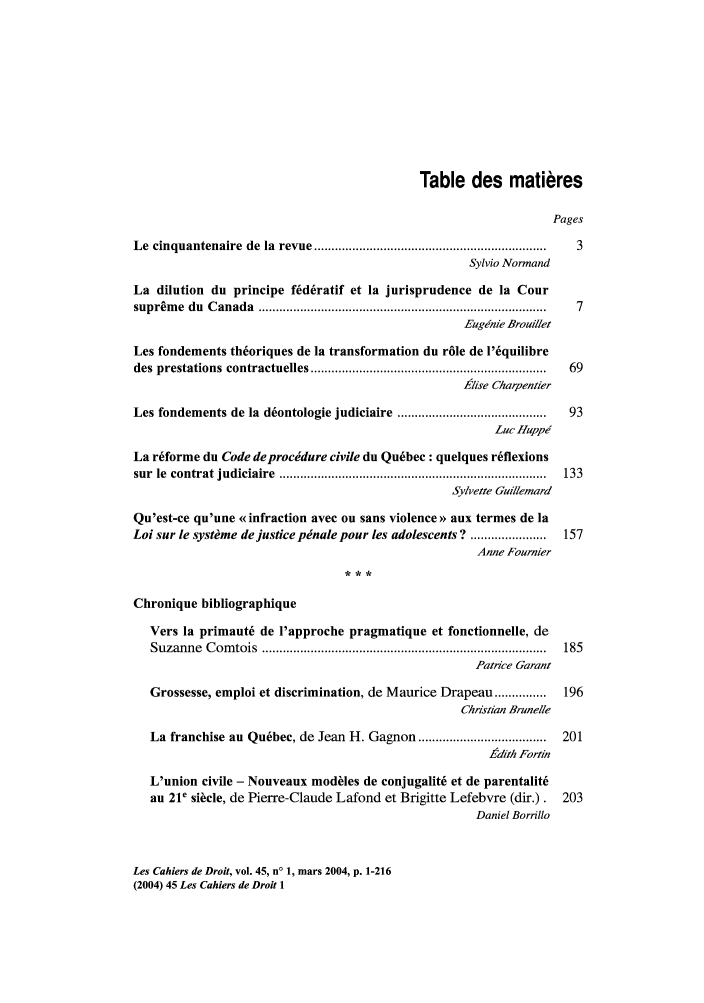 handle is hein.journals/lcdd45 and id is 1 raw text is: Table des matieres
Pages
Le  cinquantenaire  de  la  revue ...................................................................  3
Sylvio Nonnand
La dilution du principe f~d~ratif et la jurisprudence de la Cour
suprem e  du  C anada  ...................................................................................  7
Euginie Brouilet
Les fondements thoriques de la transformation du r6le de l'6quilibre
des  prestations  contractuelles ....................................................................  69
A/ise Charpentier
Les fondements de la d~ontologie judiciaire ...........................................  93
Luc Hupp0
La r~forme du Code deprocdure civile du Qubec : quelques r~flexions
sur  le  contrat  judiciaire  .............................................................................  133
Sy/vette Gui//ernard
Qu'est-ce qu'une «infraction avec ou sans violence >> aux termes de la
Loi sur le systme de justice pinale pour les adolescents ? ......................  157
Anne Fournier
Chronique bibliographique
Vers la primaut6 de l'approche pragmatique et fonctionnelle, de
Suzanne  C om tois  ..................................................................................  185
Patrice Garant
Grossesse, emploi et discrimination, de Maurice Drapeau ...............  196
Christian Brunelle
La franchise au Qubec, de Jean H. Gagnon .....................................  201
Edith Fortin
L'union civile - Nouveaux modiles de conjugalit: et de parentalit6
au 21' sicle, de Pierre-Claude Lafond et Brigitte Lefebvre (dir.). 203
Daniel Borrillo

Les Cahiers de Droit, vol. 45, n' 1, mars 2004, p. 1-216
(2004) 45 Les Cahiers de Droit 1


