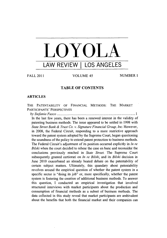 handle is hein.journals/lla45 and id is 1 raw text is: LOYOLA
LAW REVIEW I LOS ANGELES
FALL 2011                  VOLUME 45                    NUMBER 1
TABLE OF CONTENTS
ARTICLES
THE PATENTABILITY OF FINANCIAL METHODS: THE MARKET
PARTICIPANTS' PERSPECTIVES
by Stefania Fusco                      ..................1....................
In the last few years, there has been a renewed interest in the validity of
patenting business methods. The issue appeared to be settled in 1998 with
State Street Bank & Trust Co. v. Signature Financial Group, Inc. However,
in 2008, the Federal Circuit, responding to a more restrictive approach
toward the patent system adopted by the Supreme Court, began questioning
the soundness of the policy to extend patent protection to business methods.
The Federal Circuit's adjustment of its position occurred explicitly in In re
Bilski when the court decided to rehear the case en banc and reconsider the
conclusions previously reached in State Street. The Supreme Court
subsequently granted certiorari on In re Bilski, and its Bilski decision in
June 2010 exacerbated an already heated debate on the patentability of
certain subject matters. Ultimately, this quandary about patentability
revolves around the empirical question of whether the patent system in a
specific sector is doing its job or, more specifically, whether the patent
system is fostering the creation of additional business methods. To answer
this question, I conducted an empirical investigation that involved
structured interviews with market participants about the production and
consumption of financial methods as a subset of business methods. The
data collected in this study reveal that market participants are ambivalent
about the benefits that both the financial market and their companies can


