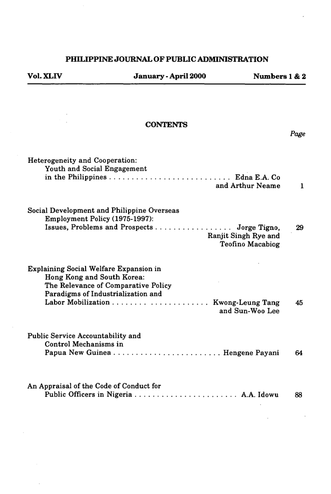 handle is hein.journals/phpubadm44 and id is 1 raw text is: 





PHILIPPINE JOURNAL OF PUBLIC ADMINISTRATION


Vol. XLIV                  January - April 2000          Numbers 1 & 2





                              CONTENTS
                                                                  Page


Heterogeneity and Cooperation:
    Youth and Social Engagement
    in the Philippines ...........................  Edna E.A. Co
                                               and Arthur Neame


Social Development and Philippine Overseas
    Employment Policy (1975-1997):
    Issues, Problems and Prospects ................. Jorge Tigno,  29
                                             Ranjit Singh Rye and
                                                Teofino Macabiog


Explaining Social Welfare Expansion in
    Hong Kong and South Korea:
    The Relevance of Comparative Policy
    Paradigms of Industrialization and
    Labor Mobilization ...................... Kwong-Leung Tang  45
                                                and Sun-Woo Lee


Public Service Accountability and
    Control Mechanisms in
    Papua New  Guinea ........................ Hengene Payani  64



An Appraisal of the Code of Conduct for
    Public Officers in Nigeria ....................... A.A. Idowu  88


