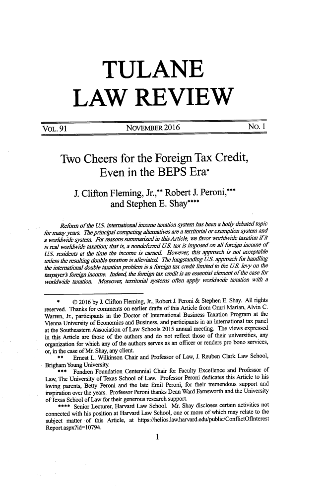 handle is hein.journals/tulr91 and id is 19 raw text is: 



2016]   TWO   CHEERS FOR THE FOREIGN TAX CREDIT


excess  of US.  tax on  foreign-source  income  means   that it does not
strictly conform to the economic standard of capital export
neutrality; (2) it might   encourage   low-tax   foreign  countries  to
plunder  U.S. residual tax revenue by  raising their rates of tax on US.
residents  up  to the  US.   rate;32 and (3) it does  not  provide  U.S
taxpayers with  an incentive to minimize  their foreign tax liabilities so
that US.  residual tax on their foreign income  is maximized.3   Part II
of this Article  deals with  the relationship between   the foreign  tax
credit in a real worldwide  system  and  capital export neutrality. Part
111 addresses the point that the foreign tax credit might motivate  low-
tax  foreign countries  to  appropriate  U.S. residual  tax revenue   by
increasing  their tax on income   earned  within  their borders by  U.S.
residents. Part IV  discusses the possibility that the foreign tax credit
might  make  U.S. residents apathetic towards reducing  their foreign tax
liabilities so long as those liabilities are not greater than the limitation
on the credit. In Part V we  recognize that the foreign tax credit has an
important   effect  in  addition  to  mitigating  international  double
taxation-it  is a critical element in allocating the international income
tax base  between  residence  countries and source  countries.  We  then
evaluate the foreign tax credit as a tax base allocator in comparison to
an exemption   for foreign-source income.   In Part VI, we acknowledge
the necessity of a robust definition of corporate residence and preview
our forthcoming   work  on that topic. Part VII explains why the foreign
tax credit merits  only two  cheers in  spite of its comparative virtues
that make   it superior to all other approaches   for mitigating double
taxation. The  conclusion  summarizes   our analysis and findings.


    31.  See GRAVELLE, supm note 26, at 10-11; JOINT COMM., IMPACT OF INTERNATIONAL
TAX REFORM, supra note 9, at 3; AuLT & ARNOLD, supa note 5 at 454-55; 1 NAT'L FOREIGN
TRADE COUNCL, THE NFTC FOREIGN INCOME PROJECT: INTERNATIONAL TAX POLICY FOR THE
21sT CENTURY 5-6, 8 (2001) [hereinafter NFTC 1]; Ault & Bradford, supm note 30, at 40.
    Capital export neutrality is an economic standard holding that taxation should be a
neutral factor in a taxpayer's choice between carrying on economic activity in the taxpayer's
residence country or in a foreign country. It is given effect in its purest form when the
taxpayer's residence country taxes each resident's worldwide income as it is earned and
provides the resident with an unlimited credit for foreign income taxes imposed on that
income. See GRAVELLE, supra note 26, at 5-6, 10-11; GusTAFSON, PERONI & PUGH, supra
note 3, at 20.
    32.   See Stanley S. Surrey, Cwrent Issues ib the Taxation of Corpomte Foreign
Investment 56 COLUM. L. REv 815, 823 (1956). Surrey did not, however, endorse this
criticism.
    33.   See DANIEL N. SHAvIRO, FIXING U.S. INTERNATIONAL TAXATION 24 (2014); Alan
D. Viard, PPL: Exposig the Flaws of the Foreign Tax Credit 139 TAX NOTES 553, 561-62
(2013); see also Martin A. Sullivan, Shaviok FiRing US. International Taxation, 143 TAX
NOTEs 641 (2014) (providing a complimentary review of Professor Shaviro's position).


9


