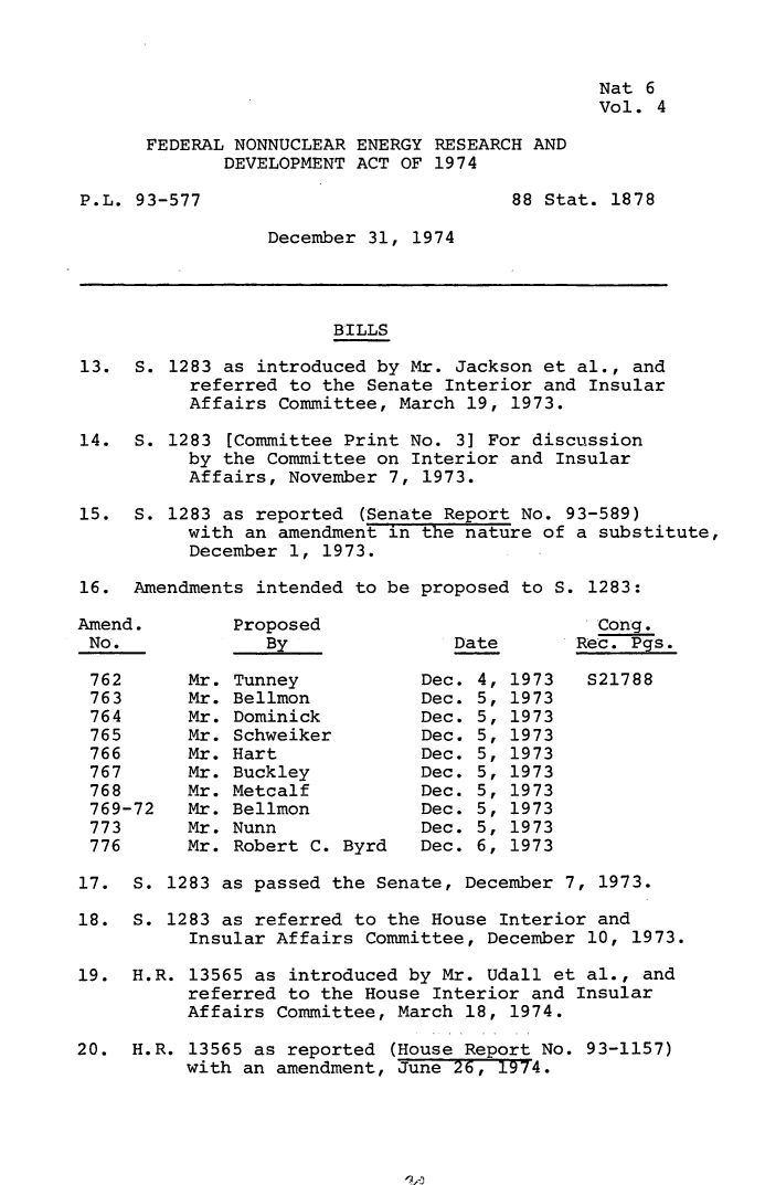 handle is hein.leghis/fnnerd0004 and id is 1 raw text is: 



                                               Nat  6
                                               Vol.  4

      FEDERAL NONNUCLEAR ENERGY RESEARCH AND
             DEVELOPMENT ACT OF 1974

P.L. 93-577                            88 Stat. 1878

                 December 31, 1974




                       BILLS

13.  S. 1283 as introduced by Mr. Jackson et al., and
          referred to the Senate Interior and Insular
          Affairs Committee, March 19, 1973.

14.  S. 1283  [Committee Print No. 3] For discussion
          by the Committee on Interior and Insular
          Affairs, November 7, 1973.

15.  S. 1283 as reported  (Senate Report No. 93-589)
          with an amendment in the nature of a substitute,
          December 1, 1973.

16.  Amendments intended to be proposed to S. 1283:

Amend.        Proposed                         Cong.
No.              By               Date       Rec. Pgs.
762       Mr. Tunney           Dec. 4, 1973   S21788
763       Mr. Bellmon          Dec. 5, 1973
764       Mr. Dominick         Dec. 5, 1973
765       Mr. Schweiker        Dec. 5, 1973
766       Mr. Hart             Dec. 5, 1973
767       Mr. Buckley          Dec. 5, 1973
768       Mr. Metcalf          Dec. 5, 1973
769-72    Mr. Bellmon          Dec. 5, 1973
773       Mr. Nunn             Dec. 5, 1973
776       Mr. Robert C. Byrd   Dec. 6, 1973

17.  S. 1283 as passed the Senate, December 7, 1973.

18.  S. 1283 as referred to the House Interior and
          Insular Affairs Committee, December 10, 1973.

19.  H.R. 13565 as introduced by Mr. Udall et al., and
          referred to the House Interior and Insular
          Affairs Committee, March 18, 1974.

20.  H.R. 13565 as reported (House Report No. 93-1157)
          with an amendment, June 26, 1974.


