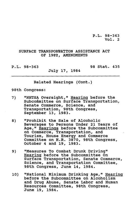 handle is hein.leghis/lghissurft0002 and id is 1 raw text is: P.L. 98-363
Vol. 2
SURFACE TRANSPORAWATION ASSISTANCE ACT
OF 1982, AMENDMENTS
P.L. 98-363                    98 Stat. 435
July 17, 1984
Related Hearings (Cont.)
98th Congress:
7)   NHTSA Oversight, Hearing before the
Subcoimittee on Surface Transportation,
Senate Commerce, Science, and
Transportation, 98th Congress,
September 13, 1983.
8)   Prohibit the Sale of Alcoholic
Beverages to Persons Under 21 Years of
Age, Hearings before the Subcommittee
on Commerce, Transportation, and
Tourism, House Energy and Commerce
Committee on H.R. 3870, 98th Congress,
October 4 and 19, 1983.
9)   Measures To Combat Drunk Driving
Hearing before the Subcommittee On
Surface Transportation, Senate Commerce,
Science, and Transportation Committee,
98th Congress, June 14, 1984.
10) National Minimum Drinking Age, Hearing
before the Subcommittee on Alcoholism
and Drug Abuse, Senate Labor and Human
Resources Committee, 98th Congress,
June 19, 1984.


