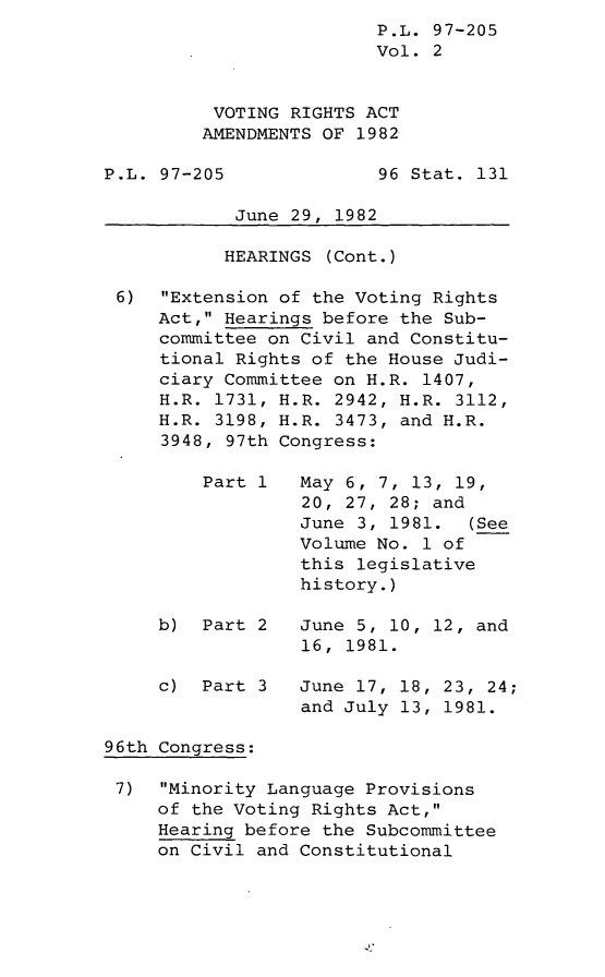 handle is hein.leghis/lghisvoriam0002 and id is 1 raw text is: P.L. 97-205
Vol. 2
VOTING RIGHTS ACT
AMENDMENTS OF 1982
P.L. 97-205              96 Stat. 131
June 29, 1982
HEARINGS (Cont.)
6) Extension of the Voting Rights
Act, Hearings before the Sub-
committee on Civil and Constitu-
tional Rights of the House Judi-
ciary Committee on H.R. 1407,
H.R. 1731, H.R. 2942, H.R. 3112,
H.R. 3198, H.R. 3473, and H.R.
3948, 97th Congress:
Part 1   May 6, 7, 13, 19,
20, 27, 28; and
June 3, 1981.  (See
Volume No. 1 of
this legislative
history.)
b) Part 2    June 5, 10, 12, and
16, 1981.
c) Part 3    June 17, 18, 23, 24;
and July 13, 1981.
96th Congress:
7) Minority Language Provisions
of the Voting Rights Act,
Hearing before the Subcommittee
on Civil and Constitutional


