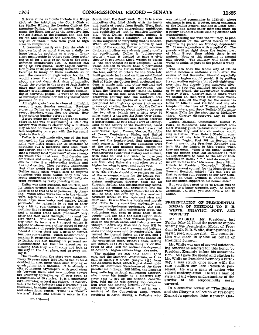 handle is hein.leghis/lhicril0008 and id is 1 raw text is: ï»¿CONGRESSIONAL RECORD - SENATE

Private clubs at hotels include the Kings
Club at the Adolphus; the Court Club at
the Statler Hilton; the London Club at the
Sheraton-Dallas. Those at motels also in-
clude the Black Garter at the Executive Inn,
the Jet Stream at the Iamada Inn, and the
Sirloin and Saddle at the Marriott. Virtu-
ally all of these I rate from good to high
class to sumptuous.
A transient usually can join the club at
his own hotel or motel free, on a daily re-
issue basis, by applying as a guest. Tran-
sient membership in others runs from noth-
ing to $3 for 4 days or so, with $1 the most
common membership fee. A member can
bring   is own guests. Early Legion conven-
tion plans anticipate making transient mem-
berships in many of them available at or
near the convention registration booths. I
would stress that the places I'm talking
about are not deep, dark dens of iniquity,
which the stories in the press of Jack Ruby's
place may have summoned up. They are
quality establishments for pleasant socializ-
ing of convivial people. I went to no joints
or burlesque houses, nor did any thrust their
presence on me.
All night spots have to close at midnight,
except 1 a.m. Sunday morning. Package
stores in Dallas are open 9 a.m. to 10 p.m.
except Sundays, when they are closed. Beer
is not sold on Sunday before 1 p.m.
Before going into many things that Dallas
offers in the way of sightseeing, a little city
history will make it clearer why a business
city on the northeast Texas cotton plain of-
fers hospitality on a par with the top resort
spots in the land.
Dallas is a self-made city, one of the best
managed in the couptry. There was origi-
nally very little reason for its existence as
anything but a moderate-sized local trad-
ing center, and it would well have developed
into a strictly local cowtown where strang-
ers would feel ill at ease. But decades ago
ambitious and enterprising town fathers set
out to make it a white-collar trading and
financial center. They correctly understood
that they would have to attract outsiders.
Unlike many cities which seek to impress
outsiders with mere claims, they also cor-
rectly understood that they would really at-
tract outsiders by really pleasing them.
Dallas was after business, not tourists, and
its leaders divined that its attractions would
have to be so real as to be permanently pleas-
ing. When other Tegas towns in the vicinity
were rejecting railroads because trains in
those days were noisy and smoky, Dallas
persuaded the railroads to go out of their
way a bit to run through its premises. In
nothing flat it became a transportation hub
and a natural trade mart (natural only.
after the rails went through, unnatural be-
fore then). The same foresight that the
city used to become a transport center it
applied to almost every other aspect of luring
investments and people from elsewhere. In-
cidental among these was a drive to attract
business conventiona-which meant not only
making it profitable for businesses to move
to Dallas, but also making its personal ac-
commodations for business executives so
pleasing that they would come and look at
the city in the first place, and go away lik-
ing it.
The results from the start were fantastic.
Every 20 years since 1880 Dallas has at least
doubled in size, more than once tripling or
quadrupling in 2 d4cades. It is already a
city of modern skyscrapers with good clean
air between them, and new modern towers
are presently springing up all over town, to
a maximum of 50 stories. It is a smokesless
city-burning natural gas chiefly. It has vir-
tually no heavy industry and is essentially an
insurance, banking, financial, sales, shopping,
and educational center. Texas is a South-
western State, and Dallas is more in the
No. 108---a

South than the Southwest. But it is a cos-
mopolitan city, filled chiefly with the hustle
and bustle of people from South, West, East,
and North who are enterprising, ambitious,
and sophisticated-not to mention hospita-
ble. With Dallas' background, nobody is
made to feel like a stranger. It has been
in the vanguard of everything that is modern.
When air conditioning was a novelty over
much of the country, Dallas' public accomo-
dations and offices were already nearly totally
air conditioned. Dallas is culture-con-
scious; when it decided to have a civic
theater it got Frank Lloyd Wright to design
it-the only theater he ever designed. When
Texas decided it would have a permanent
State fair grounds, Dallas bulled its way to
the fore, outbid all others for the State fair,
built grounds for it, and on them established
museums, an acquarium, a marvelous Texas
Hall of State, the Cotton Bowl, zoological gar-
dens, a music hall, and other cultural and
exhibit centers for all-year-round use.
When the freeway concept came in, Dallas
was again in the fore, with freeways and ex-
pressways pouring into the midtown area
somewhat like the spokes of a wheel, and a
peripheral belt highway system (not an ex-
pressway) circling the town. On the Dallas-
Fort Worth Freeway, about midway between
the two cities (which are a little over 30
miles apart) is the new Six Flags Over Texas,
a so-called amusement park which deserves
a better name-as It is realy a sort of Disney-
land of the history of the Southwest, based
on the six different cultures that have ruled
over Texas: Spain, France, Mexico, Republic
of Texas, Confederate States, and United
States. It's a class place to take the family,
and not the honkey-tonk that amusement
park suggests. You pay one admission price
at the gate and nothing more, except for
what you eat or drink, to explore its acres of
reconstructed Southwest history and culture,
with rides on land and water to move you
along, and local college students from South-
ern Methodist University and other seats of
higher learning to greet and guide you.
The photos of the Memorial Auditorium
with this article should give readers an idea
of the accommodations for the Legion con-
vention business meetings. Jim Carter, as-
sistant auditorium director, took me all
through the hall, and the side meeting rooms,
and the big exhibit hall downstairs, and the
theater where the Legion's memorial services
will be held, and even up to the overhead
catwalks where all the ropes and wires and
stuff are. It was like the hotels and motels
and clubs in its sparkling modernity and
don't-spare-the-horses equippage. Air con-
ditioned, bright, with upholstered seats, the
auditorium can pack in more than 10,000
people-and can hold the 3,000 Legion dele-
gates on the main floor without putting a
soul in the plush arena and balcony seats-
though I don't say that that's how it'll be
done. I sat in some of the arena and balcony
seats and they were mighty comfortable. Jim
turned the normal lights on for me, and I
shot elegant black-and-white trial photos on
the convention floor, without flash, setting
my camera at f4 at 1/50th, using Tri-X film
rated at ASA 1200 for normal development
in Acufine. Legion camera bugs take note.
The parking lot can hold about 1,100
cars, and the Memorial Auditorium, as I re-
call, is exactly 2 blocks (maybe 2V2) from
the Adolphus Hotel, which is just about mid-
town on Commerce Street-one of the three
parallel main drags. Bill Miller, the Legion's
long suffering national convention director,
who moves his family to a different city
every year to set up the national conven-
tion, told me he was getting top coopera-
tion from the leading citizens of Dallas in
setting up this convention. I sat in on a
meeting of the Convention Corp.-whose
president is Alvin Owsley, a Dallasite who

was national commander in 1922-23; whose
chairman is Ben H. Wooten, board chairman
of the Dallas Federal Savings & Loan Asso-
ciation; and whose other members make up
a goodly chunk of Dallas' leading citizens and
businessmen.
The meeting was with the military, to plan
participation of the Armed Forces in the
Legion's big parade on Monday, September
21. It was cooperation with a capital C. The
parade will go right down the busiest part
of Main Street, than which there is no
mainer. None of this shunting it around
side streets. The military will shoot the
works to make its part of the parade a whop-
per.
The idea that the whole city of Dallas
should become a national villain after the
events of last November 22-and especially
that the Legion should punish it by pulling
its convention out-is a bit of self-righteous-
ness that has already been answered effec-
tively by two well-qualified people, as well
as by my friend, the adventurous journalist
Charley Wiley. Charley said if that's what
we should do, then we'd better blow Wash-
ington, D.C., off the map for the assassina-
tions of Lincoln and Garfield and the at-
tempts on the lives of Truman and Andy
Jackson there, and throw Buffalo, N.Y., under
Niagara Falls for the shooting of McKinley
there. Charley disapproved any of these
procedures.
Legion National Commander Daniel F.
Foley, of Minnesota, said he wouldn't con-
sider leveling guilt-by-association charges at
the whole city, and the convention would
stay in Dallas. Then Robert Gladwin, com-
mander of the late President Kennedy's
American Legion Post 281 in Boston, said
that it wasn't like President Kennedy and
isn't like the Legion to kick people when
they are down. Now is the time, Gladwin
told the Boston press last December 11, for
all Legionnaires to come to the aid of their
comrades in Dallas * * * and do everything
we can to make the 1964 convention a fitting
tribute to President Kennedy. Gladwin,
who is general counsel for the Massachusetts
General Hospital, added: We can best do
that by giving full support to our new Com-
mander in Chief, Lyndon B. Johnson, and
our continued support to his home State.
But you don't need to go to Dallas just to
be fair to a badly wounded city. As George
Cornelius, Jr., said, you can have a ball in
Dallas.
PRESENTATION OF PRESIDENTIAL
MEDAL OF FREEDOM TO E. B.
WHITE, ESSAYIST, POET, AND
NOVELIST
Mr. MUSKIE. Mr. President, last
Friday, May 29, 1 had the pleasure of pre-
senting the Presidential Medal of Free-
dom to Mr. E. B. White, distinguished es-
sayist, poet, and novelist. The presenta-
tion was made in Maine on behalf of
President Johnson.
Mr. White was one of several outstand-
ing Americans selected for this honor by
President Kennedy before his assassina-
tion. As I gave the medal and citation to
Mr. White on President Kennedy's birth-
day, I was struck once more with the
rare qualities our late President pos-
sessed. He was a man of action who
valued contemplation. He was a man of
style and wit whose understanding of the
gravity of his responsibility never
wavered.
In a sensitive review of The Burden
and the Glory, a collection of President
Kennedy's speeches, John Kenneth Gal-

1964

11885


