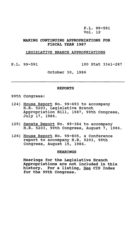 handle is hein.leghis/mcaffy0012 and id is 1 raw text is: P.L. 99-591
Vol. 12
MAKING CONTINUING APPROPRIATIONS FOR
FISCAL YEAR 1987
LEGISLATIVE BRANCH APPROPRIATIONS
P.L. 99-591                  100 Stat 3341-287
October 30, 1986
REPORTS
99th Congress:
124) House Report No. 99-693 to accompany
H.R. 5203, Legislative Branch
Appropriation Bill, 1987, 99th Congress,
July 17, 1986.
125) Senate Report No. 99-384 to accompany
H.R. 5203, 99th Congress, August 7, 1986.
126) House Report No. 99-805, a Conference
report to accompany H.R. 5203, 99th
Congress, August 15, 1986.
HEARINGS
Hearings for the Legislative Branch
Appropriations are not included in this
history. For a listing, See CIS Index
for the 99th Congress.


