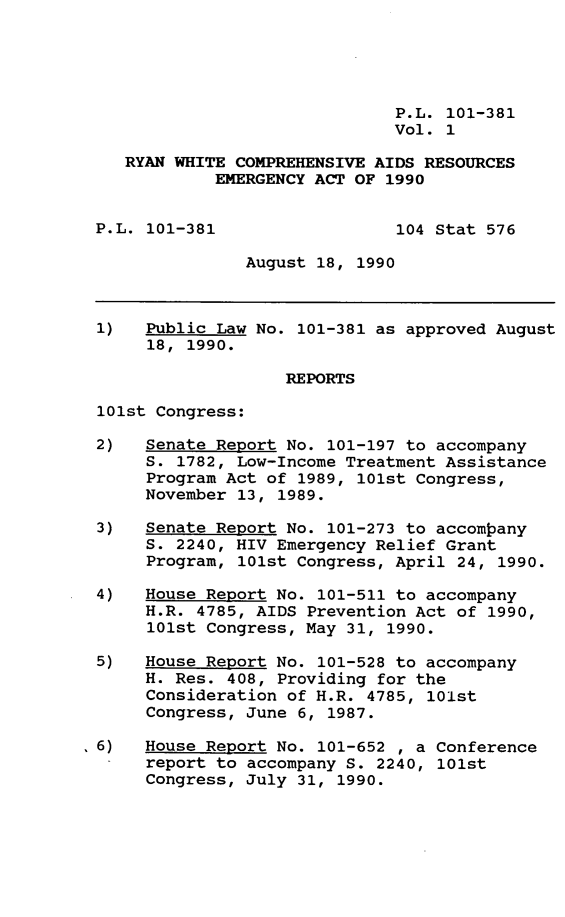 handle is hein.leghis/rywhtcp0001 and id is 1 raw text is: P.L. 101-381
Vol. 1
RYAN WHITE COMPREHENSIVE AIDS RESOURCES
EMERGENCY ACT OF 1990
P.L. 101-381                 104 Stat 576
August 18, 1990
1)   Public Law No. 101-381 as approved August
18, 1990.
REPORTS
101st Congress:
2)   Senate Report No. 101-197 to accompany
S. 1782, Low-Income Treatment Assistance
Program Act of 1989, 101st Congress,
November 13, 1989.
3)   Senate Report No. 101-273 to accompany
S. 2240, HIV Emergency Relief Grant
Program, 101st Congress, April 24, 1990.
4)   House Report No. 101-511 to accompany
H.R. 4785, AIDS Prevention Act of 1990,
101st Congress, May 31, 1990.
5)   House Report No. 101-528 to accompany
H. Res. 408, Providing for the
Consideration of H.R. 4785, 101st
Congress, June 6, 1987.
1 6)  House Report No. 101-652 , a Conference
report to accompany S. 2240, 101st
Congress, July 31, 1990.


