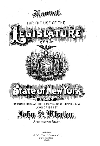 handle is hein.newyork/mnlegny0067 and id is 1 raw text is: FOR THE USE OF THE
-   OF THE-            g     -r
PREPARED PURSUANT TO THE PROVISIONS OF CHAPTER 683
LAWS OF 1892 BY
SECRETARY OF STATE.
ALBANY.
J.B.LYON COMPANY
State Printers
1907.


