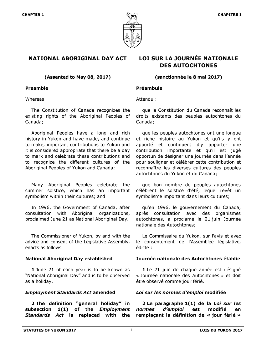 handle is hein.psc/yukon2017 and id is 1 raw text is: 

CHAPITRE 1


CHAPTER 1


NATIONAL ABORIGINAL DAY ACT


        (Assented to May 08, 2017)

Preamble

Whereas

  The  Constitution of Canada recognizes the
existing rights of the Aboriginal Peoples of
Canada;

  Aboriginal Peoples have  a long and  rich
history in Yukon and have made, and continue
to make, important contributions to Yukon and
it is considered appropriate that there be a day
to mark and celebrate these contributions and
to  recognize the different cultures of the
Aboriginal Peoples of Yukon and Canada;


   Many  Aboriginal Peoples
summer   solstice, which has
symbolism within their cultures;


celebrate the
an   important
and


   In 1996, the Government of Canada, after
consultation with  Aboriginal organizations,
proclaimed June 21 as National Aboriginal Day.


  The Commissioner of Yukon, by and with the
advice and consent of the Legislative Assembly,
enacts as follows

National Aboriginal Day established

   1 June 21 of each year is to be known as
National Aboriginal Day and is to be observed
as a holiday.

Employment   Standards Act amended


LOI   SUR   LA JOURNEE NATIONALE
          DES  AUTOCHTONES

        (sanctionnee le 8 mai 2017)

Preambule

Attendu :

   que la Constitution du Canada reconnait les
droits existants des peuples autochtones du
Canada;

   que les peuples autochtones ont une longue
et riche histoire au Yukon  et qu'ils y ont
apport6  et  continuent  d'y apporter  une
contribution importante et  qu'il est jug6
opportun de designer une journde dans l'ann~e
pour souligner et cldbrer cette contribution et
reconnaitre les diverses cultures des peuples
autochtones du Yukon et du Canada;

   que bon  nombre  de peuples autochtones
c6lbrent  le solstice d't6, lequel revit un
symbolisme important dans leurs cultures;

   qu'en 1996, le gouvernement  du Canada,
apris  consultation avec   des  organismes
autochtones, a proclam6  le 21 juin Journde
nationale des Autochtones;

   Le Commissaire du Yukon, sur I'avis et avec
le consentement  de  I'Assembl~e 16gislative,
6dicte :

Journee  nationale des Autochtones etablie

   1 Le 21 juin de chaque annie est d~signd
<< Journde nationale des Autochtones > et doit
8tre observ6 comme jour firie.

Loi sur les normes d'emploi modifibe


   2 The  definition
subsection   1(1)
Standards   Act   is


general   holiday  in
of  the   Employment
  replaced  with   the


   2 Le paragraphe  1(1) de
normes     d'emploi    est
remplagant  la d6finition de


la Loi sur les
modifie    en
<< jour f6rie >>


STATUTES OF YUKON 2017


I UAM


1


LOIS DU YUKON 2017


