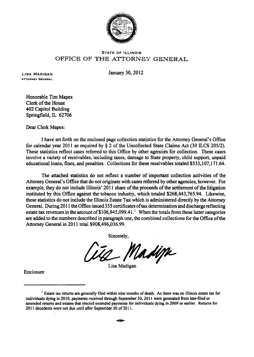 handle is hein.sag/sagil0046 and id is 1 raw text is: STATE OF ILLINOIS
OFFICE OF THE ATTORNEY GENERAL
LISA MADIGAN                          January 30, 2012
ATTORNEY GENERAL
Honorable Tim Mapes
Clerk of the House
402 Capitol Building
Springfield, IL 62706
Dear Clerk Mapes:
I have set forth on the enclosed page collection statistics for the Attorney General's Office
for calendar year 2011 as required by § 2 of the Uncollected State Claims Act (30 ILCS 205/2).
These statistics reflect cases referred to this Office by other agencies for collection. These cases
involve a variety of receivables, including taxes, damage to State property, child support, unpaid
educational loans, fines, and penalties. Collections for these receivables totaled $533,107,171.64.
The attached statistics do not reflect a number of important collection activities of the
Attorney General's Office that do not originate with cases referred by other agencies, however. For
example, they do not include Illinois' 2011 share of the proceeds of the settlement of the litigation
instituted by this Office against the tobacco industry, which totaled $268,443,765.94. Likewise,
these statistics do not include the Illinois Estate Tax which is administered directly by the Attorney
General. During 2011 the Office issued 355 certificates oftax determination and discharge reflecting
estate tax revenues in the amount of $106,945,099.41.' When the totals from these latter categories
are added to the numbers described in paragraph one, the combined collections for the Office of the
Attorney General in 2011 total $908,496,036.99.
Sincerely,
Lisa Madigan
Enclosure
1 Estate tax returns are generally filed within nine months of death. As there was no Illinois estate tax for
individuals dying in 2010, payments received through September 30, 2011 were generated from late-filed or
amended returns and estates that elected extended payments for individuals dying in 2009 or earlier. Returns for
2011 decedents were not due until after September 30 of 2011.

.4!p-


