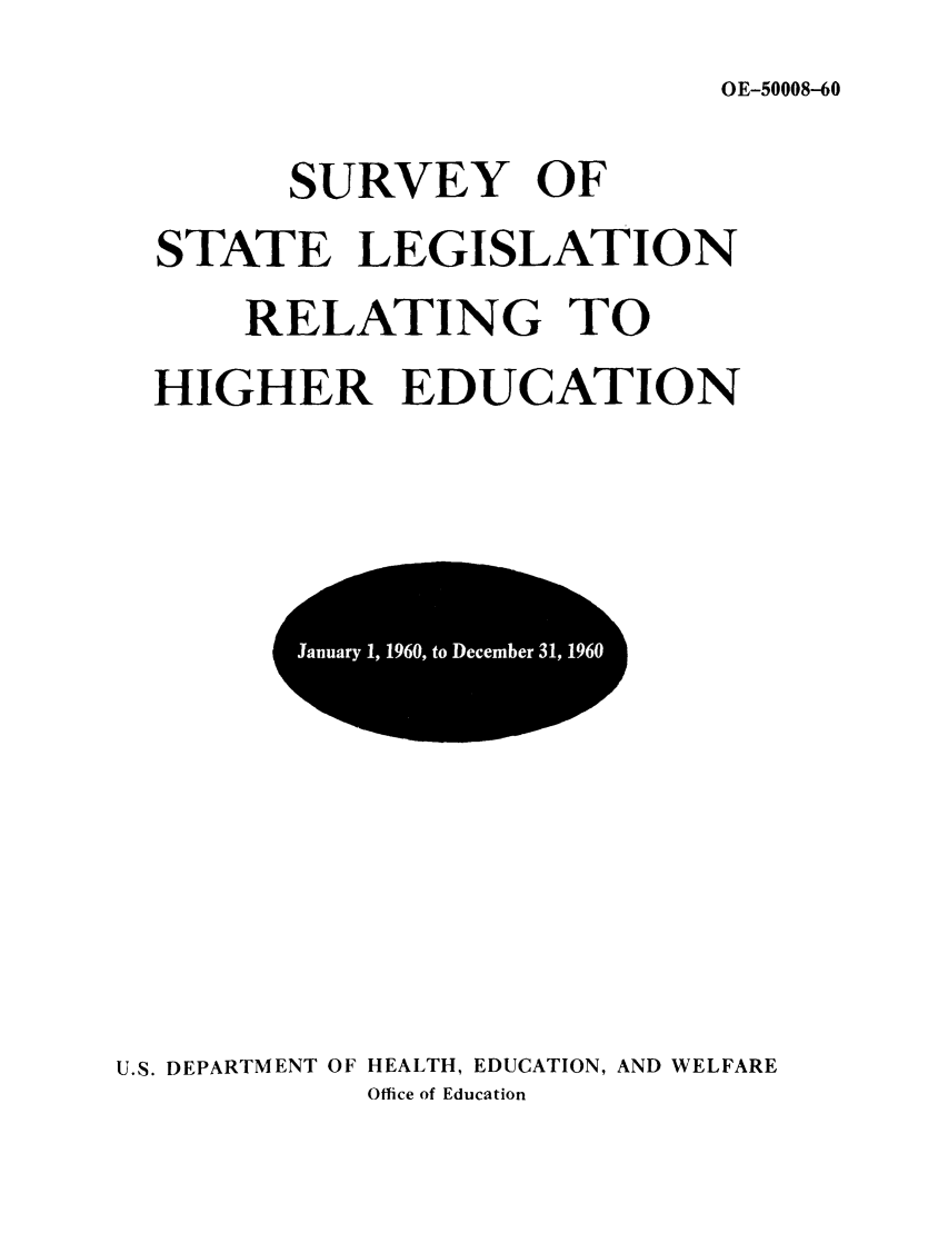 handle is hein.scsl/ssrehig0004 and id is 1 raw text is: OE-50008-60

SURVEY OF
STATE LEGISLATION
RELATING TO
HIGHER EDUCATION

w

U.S. DEPARTMENT OF HEALTH, EDUCATION, AND WELFARE
Office of Education


