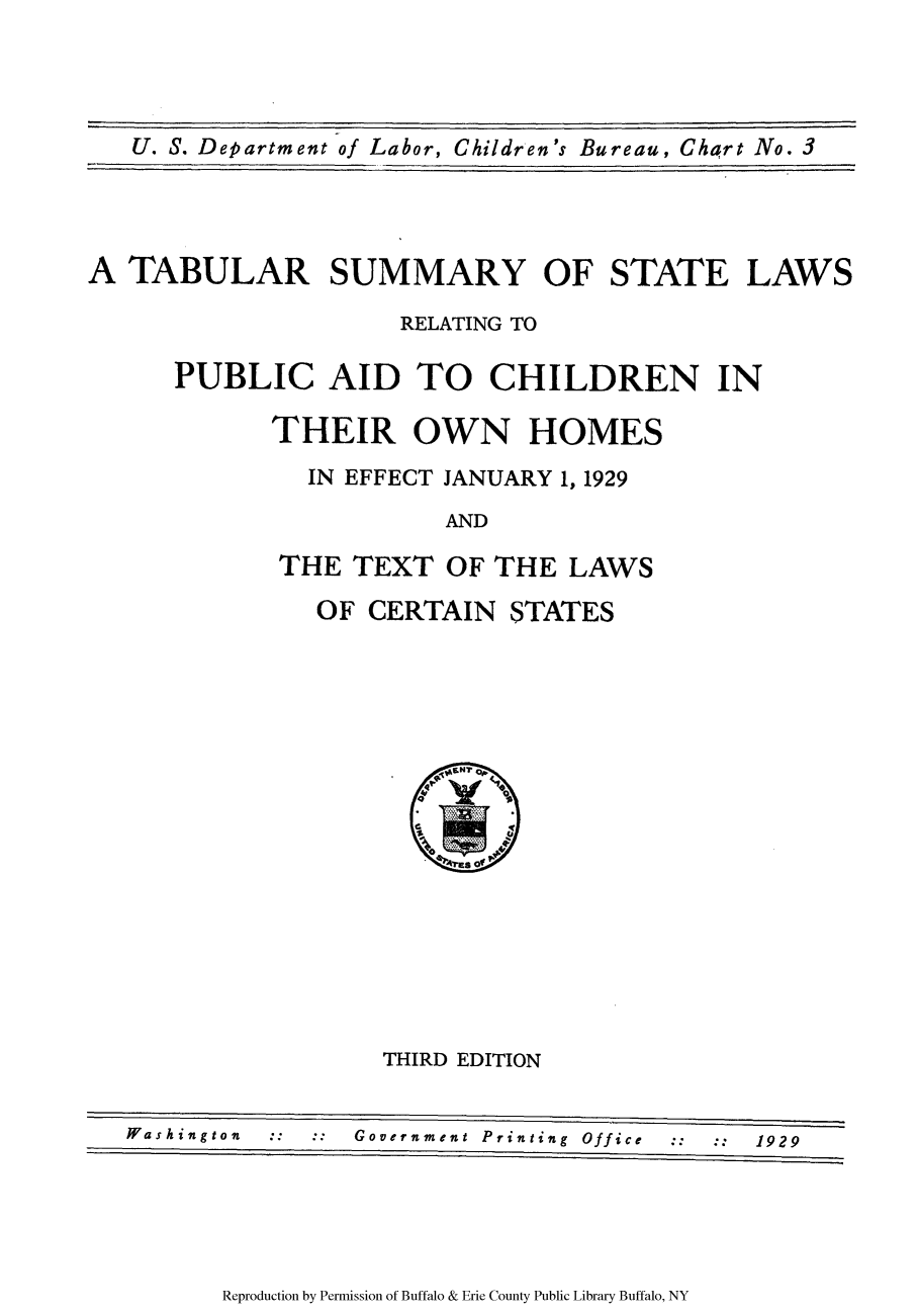 handle is hein.scsl/tabsupai0001 and id is 1 raw text is: U. S. Department of Labor, Children's Bureau, Chart No. 3

A TABULAR SUMMARY OF STATE LAWS
RELATING TO
PUBLIC AID TO CHILDREN IN
THEIR OWN HOMES
IN EFFECT JANUARY 1, 1929
AND
THE TEXT OF THE LAWS

OF CERTAIN STATES

THIRD EDITION

Washington           Government Printing Office           1929

Reproduction by Permission of Buffalo & Erie County Public Library Buffalo, NY


