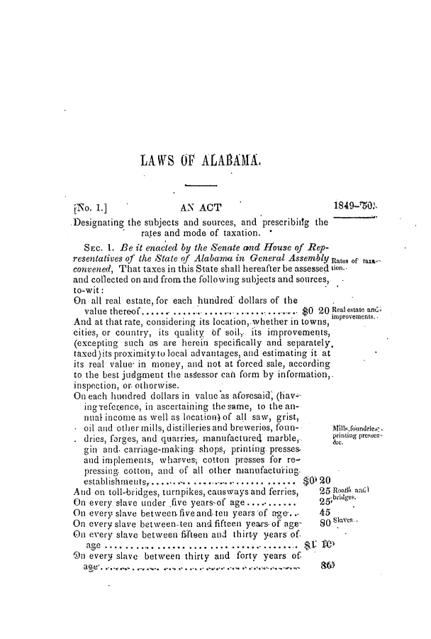 handle is hein.slavery/ssactsal0393 and id is 1 raw text is: LA WS OF ALABAlfA.
['Ro. 1.1             AN ACT                        1849-'80m
Designating the subjects and sources, and prescribiidg the
rates and mode of taxation. '
SEC. 1. Be it enacted by the Senate and Rouse of Rep-
resentatives of the State of Alabama in General Assembly Rates of taxi-
convened, That taxes in this State shall hereafter be assessed tion.
and collected on and from the following subjects and sources,
to-wit:
On all real estate, for each hundred dollars of the
value thereof ............                  $( 20 Real estate an
Improvements.
And at that rate, considering its location, whether in towns,
cities, or country, its quality of soil.,, its improvements,
(excepting such as are herein specifically and separately.
taxed)its proximityto local advantages, and estimating it at
its real value- in money, and not at forced sale, according
to the best judgment the asSessor cati form by information,.
inspection, or. othorwise.
On each hundred dollars in value as aforesaid (hav-
ing iefecence, in ascertaining the same, to the an-
nual income as well as location) of all saw, grist,
- oil and other mills, distilleries and breweries, foun- Mills.foundries
. dries, forges, and quarries, manufactured marble, printing presvEe-
gin and. carriage-making shops, printing presses,
and implements, wharves; cotton presses for re-
pressing cotton, and of all other manufacturing
establishments,..........     ............$     20
And on toll-bridges, turnpikes, causways and ferries,  25 RoA anO
On every slave under five years-of age...........  25bd
On every slave between five and. ten years of age-...  45
On every slave between-ten and fifteen years. of age-  8sglves.-
On every slave between fifteen and thirty years of.
age ....................................$.i 1@
On every slave between thirty and forty years of-
a-o..._      .,.... ...  . '.- ...


