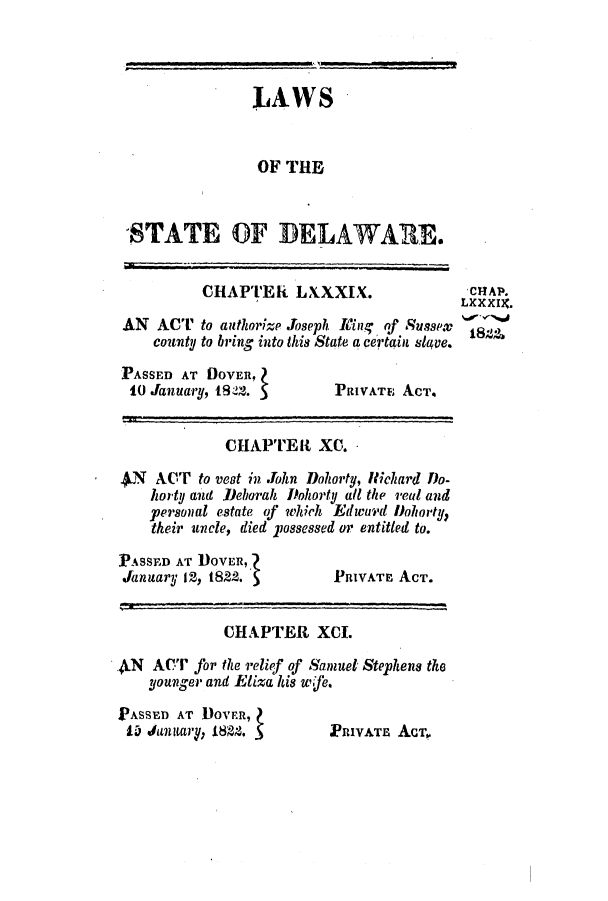 handle is hein.slavery/ssactsde0049 and id is 1 raw text is: LAWS
OF THE
-STATE OF DELAWARE.

CHAPTER LXXXIX.
AN ACT to authorize Joseph ICinq of Sussex
county to bring into this State a certain slave.

PASSED AT DOVER,
to January, 1822. 5

PRIVATE ACT.

CHAPTER XC.
4N ACT to vest in John Dlohorty, Ilichard flo-
horty and Deborah Dohorty all the real and
personal estate of which Edward Ioliorty,
their uncle, died possessed or entitled to.

PASSED AT DOVER,
January 12, t822.

PRIVATE ACT.

CHAPTER XCI.
AN ACT for the relief of Samuet Stephens the
younger and Eliza his wje.
PASSED AT DOVER,
15 Jdanuary, 1822.         PRIVATE AcT,

CHAP.
LXXXIX.


