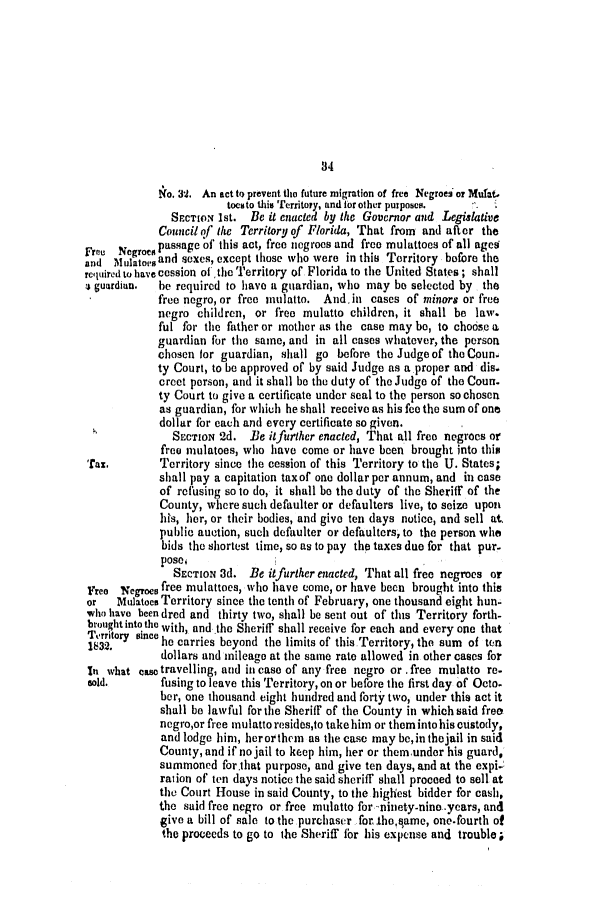 handle is hein.slavery/ssactsfl0151 and id is 1 raw text is: !o. 32. An act to prevent tho future migration of free Negroei or Mufat.
toes to this Territory, and for other purposes.
SECTION 1st. Be it enacted by the Governor and Legislative
Council of the Territory of Florida, That from and after the
Fr    ..    passage of this act, free negroes and free mulattoes of all ages
and IluatorB and sexes, except those who were in this Territory before the
rCquired to have cession of the Territory of Florida to the United States ; shall
guardian.   be required to have a guardian, who may be selected by the
free negro, or free mulatto. And,in cases of minors or free
negro children, or free mulatto children, it shall be law.
ful for the father or mother as the case may be, to cho6se a
guardian for the same, and in all cases whatever, the person
chosen for guardian, shall go before the Judge of the Coun-
ty Court, to be approved of by said Judge as a proper and dis
erect person, and it shall be the duty of the Judge of the Coun.
ty Court to give a certificate under seal to the person so chosen
as guardian, for whiuh he shall receive as his fee the sum of one
dollar for each and every certificate so given.
SECTION 2d. Be itfurther enacted, That all free negroes or
free mulatoes, who have come or have been brought into thin
'tax.      Territory since the cession of this Territory to the U. States;
shall pay a capitation taxof one dollar per annum, and in case
of refusing so to do, it shall be the duty of the Sheriff of the
County, where such defaulter or defaulters live, to seize upon
his, her, or their bodies, and give ten days notice, and sell at.
public auction, such defaulter or defaulters, to the person who
bids the shortest time, so as to pay the taxes due for that pur-
posei
SECTION 3d. Be itfurther enacted, That all free negroes or
rco legoe, free mulattoes, who have come, or have been brought into this
or   mulatocis Territory since the tenth of February, one thousand eight hun-
who have been dred and thirty two, shall be sent out of this Territory forth-
bought into. the with, and the Sheriff shall receive for each and every one that
.,ritry since he carries beyond the limits of this Territory, the sum of ten
132.       dollars and mileage at the same rate allowed in other cases for
In what cus travelling, and in case of any free negro or .free mulatto re-
sold.      fusing to leave this Territory, on or before the first day of Octo.
bet, one thousand eight hundred and forty, two, under this act it
shall be lawful for the Sheriff of the County in which said free
negro,or free mulatto resides,to take him or them into his custody,
and lodge him, herorthem as the case may be, in thejail in said
County, and if no jail to keep him, her or themunder his guard,
summoned for.that purpose, and give ten days, and at the expi-
ration of ten days notice the said sheriff shall proceed to sell at
the Court House in said County, to the highest bidder for cash,
the said free negro or free mulatto for -ninety-nino years, and
give a bill of sale to the purchaser for,.tho,qame, one.fourth of
the proceeds to go to the Sheriff fbr his expense and trouble ;


