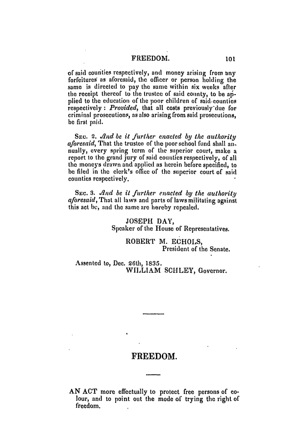 handle is hein.slavery/ssactsga0272 and id is 1 raw text is: FREEDOM.

of said counties respectively, and money arising from any
forfeitures as aforesaid, the officer or person holding the
same is directed to pay the same within six weeks after
the receipt thereof to the trustee of said county, to be ap-
plied to the education of the poor children of said counties
respectively : Provided, that all costs previously-due for
criminal prosecutions, as also arising from said prosecutions,
be first paid.
SEC. 2. And be it further enacted by the authority
aforesaid, That the trustee of the poor school fund shall an-
nually, every spring term of the superior court, make a
report to the grand jury of said counties respectively, of all
the moneys drawn and applied as herein before specified, to
be filed in the clerk's office of the superior court of said
counties respectively.
SEc. 3. dnd be it further enacted by the authority
aforesaid, That all laws and parts of laws militating against
this act be, and the same are hereby repealed.
JOSEPH DAY,
Speaker of the House of Representatives.
ROBERT M. ECHOLS,
President of the Senate.
Assented to, Dec. 26th, 1835.
WILLIAM     SCHLEY, Governor.
FREEDOM.
AN ACT more effectually to protect free persons of co-
lour, and to point out the mode of trying the right of
freedom.

1ot


