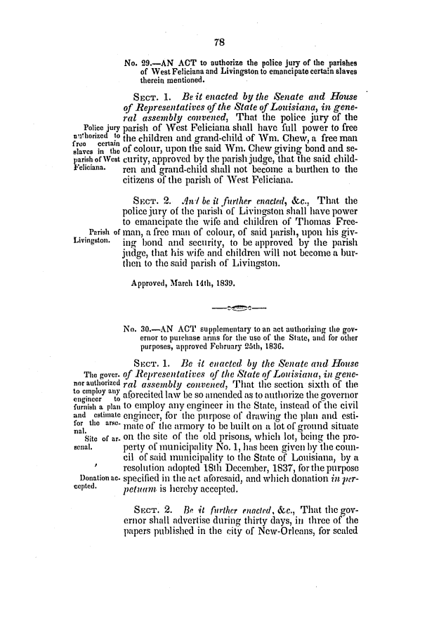 handle is hein.slavery/ssactsla0212 and id is 1 raw text is: 78

No. 29.-AN ACT to authorize the police jury of the parishes
of West Feliciana and Livingston to emancipate certain slaves
therein mentioned.
SECT. 1. Be it enacted by the Senate and House
of Representatives of the State of Louisiana, in gene-
ral assembly convened, That the police jury of the
Police jury parish of West Feliciana shall have full power to free
unihorized to the children and grand-child of Wm. Chew, a free man
f ro  certain
slaves in the of colour, upon the said Wim. Chew giving bond and se-
parish of West curity, approved by the parish judge, that the said child-
Feliciana.  ren and grand-child shall not become a burthen to the
citizens of the parish of West Feliciana.
SECT. 2. An,/ be it further enacted, &c., That the
police jury of the parish of Livingston shall have power
to emancipate the wife and children of Thomas Free-
Parish of man, a free mai of colour, of said parish, upon his giv-
Livingston.  ing bond and security, to be approved by the parish
judge, that his wife and children will not become a bur-
then to the said parish of Livingston.
Approved, March 14th, 1839.
No. 30.-AN ACT supplementary to an act authorizing the gov-
ernor to puichase arms for the use of the State, and for other
purposes, approved February 25th, 1836.
SECT. 1. Be it enacted by the 'Senate and House
The gover. of Representatives of the State of Louisiana, in gene-
nor authorized ral assembly convened, That the section sixth of the
to cmploy anly ,aforecited law be so amended as to authorize the governor
engineer  to
furnish a plan to employ any engineer in the State, instead of the civil
and estimate engineer, for the purpose of drawing the plai and esti-
forl the ar. mate of the armory to be built on a lot of ground situate
nal.b
Site of ar. on the site of the old prisons, which lot, being the pro-
senal.      perty of municipality No. 1, has been given by the coun-
cil of said municipality to the State of Louisiana, by a
resolution adopted 18th December, 1837, for the purpose
Donation ac- specified in the act aforesaid, and which donation in per-
cepted.    petuam is hereby accepted.
SECT. 2.    13, it further enacted, &c., That the gov-
ernor shall advertise during thirty days, in three of the
papers published in the city of New-Orleans, for scaled


