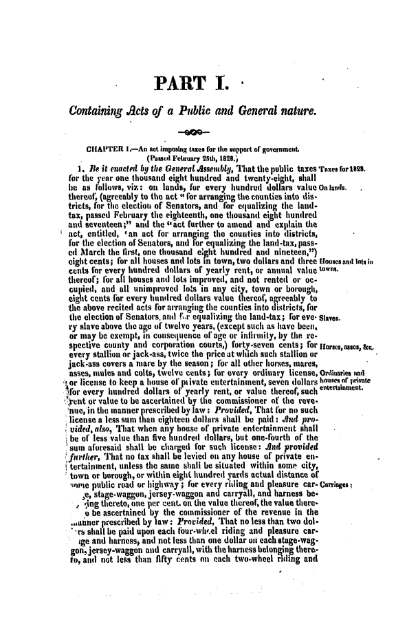 handle is hein.slavery/ssactsva0373 and id is 1 raw text is: PART i.
Containing Acts of a Public and General nature.
CHAPTER I.-An not imposing taxes for the support or government.
(Passed Fcbruary 25th, 1828.]
I. Be. it enacted by the General Assembly, That the public taxes 'faxes for 182.
lbr the year one thousand eight hundred and twenty-eight, shall
he as follows, viz: on lands, for every hundred dollars value On lanuds.
thereof, (agreeably to the act for arranging the counties into dis-
tricts, for the election of Senators, and for equalizing the land-
tax, passed February the eighteenth, one thousand eight hundred
and seventeen; and the act further to amend and explain the
act, entitled, 'an act for arranging the counties into districts,
for the election of Senators, and for equalizing the land-tax, pass-
ed March the first, one thousand eight hundred and nineteen,)
eight cents; for all houses and lots in town, two dollars and three Houses and lots it,
cents for every hundred dollars of yearly rent, or annual value towvns.
thereof; for all houses anti lots improved, and not rented or oc-
cupied, and all unimproved lol's in any city, town or borough,
eight cents for every hundred dollars value thereof, agreeably to
the above recited acts for arranging the counties into districts, for
the election or Senators. and !;.r equalizing the land-tax; for eve. Slaves.
ry slave above the age of twelve years, (except such as have been,
or may be exempt, in consequence of age or infirmity, by the re-
spective county and corporation courts,) forty-seven cents; for Hores, asles,&r.
every stallion or jack-ass, twice the price at which such stallion or
jack-ass covers a mare by the season; for all other horses, mares,
asses, mules and cults, tvelve cents; fur every ordinary license, Ordinaries and
, or license to keep a house of private entertainment, seven dollars houses of private
Ifor every hundred dollars of yearly rent, or value thereof, such entertainment.
'.-ent or value to be ascertained by the commissioner of the reve-
nue, in the manner prescr-ibed by law: Provided, That for no such
license a less sum than eighteen dollars shall be paid : And pro-
vided, also, That when any house of' private entertainment shall
be of less value than five hundred dollars, but one-fourth of the
sum aforesaid shall be charged for such license: And provided
I rther, That no tax shall be levied on any house of private en-
tertainment, unless the same shall be situated within some city,
town or borough, or within eight hundred Yards actual distance of
mine public road or highway ; for every riding and pleasure car. arrigles;
e, stage-waggon, jersey.waggon andcarryall, and harness be,
,/ing thereto, one per cent. on the value thereot, the value there.
u be ascertained by the commissioner of the revenue in the
.,,adner prescribed by law : Provided, That no less than two dol-
rs shall be paid upon each rour-wh,.el riding and pleasure car-
ige and harness, and not less than one dollar on each stage-wag-
gon, jersey-waggon and carryall, with the harness belonging there.
to, and not less than fifty cents on each two-wheel riding and


