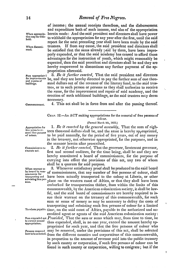 handle is hein.slavery/ssactsva0437 and id is 1 raw text is: 14                            Removal of Free T'cgroes.
of income; the annual receipts therefrom, and the disbursement
and expenditure both of such income, and also of the appropriation
When approprift. herein made: And the said president and directors shall have power
i,,,,.m, ho wih- to withhold the appropriation for any year after the first, until ile said
report for the next preceding year shall have been made by the said
When dlisonu  trustees. If from any cause, the said president and directors shall
,,uod,.     be satisfied that the sums already paid by them, have been impro-
perly expended, or that the said academy has ceased to afford those
advantages for the instruction of youth, which might reasonably be
expected, then the said president anti directors shall be and they are
hereby empowered to discontinte any further payment of the ap-
propriation aforesaid.
Sum tnppropriater  3. Be it further enacted, That the said president and directors
for inip,,,,.,wntd be, and they are hereby directed to pay the further sum of one thou-
nod rcpaird of
builijg,.  sand dollars out of the evenue of the literary fund, to the said trus-
tees, or to such person or persons as they shall authorize to receive
the same, for the improvement and repair of said academy, and the
erection of such additional buildings, as the said trustees may deeni
necessary.
Commoncotnont.  4. This act shall be in force from and after the passing thereof.
Cuu.. 12.-An ACT making appropriations for tho removal of freo persons of
colour.
(Pnqqed March ith, 1813.)
Appropriation firr  1. Be it enarted by the general assenld!, That the sum of nigh-
,,,,,3 etrs to ,- teen thousand dollars shall be, and the satme is hereby appropriated,
snov free pursons
Ur colour.   to be paid annually, fbr the period of five years, out of any money
in the treasury, not otherwise appropriated, for the purposes, and in
the manner herein after prescribed.
Comnuioqioneri to  21. Be itfo'rtlcr enacted, That the governor, lieutenant governor,
OX.cutn ac.  first and second auditors, for the time being, shall be and they are
hereby constituted a board of commissioners, for the purpose of
carrying into effect the provisions of this act, any two of whom
shall be a quorum for said purpose.
Whon wrrrant to  3. Whenever satisfactory proof shall be produced to the said board
be in,,i,,d b11ol.. of comnuissioners, that any number of free persons of colour, shall
waity,fher.I fr
t,,,,,,,,,ti.ng,,ndhave been actually transported to the colony at Liberia, or other
athf istiog Ien per- )
2        er.   1tce on the western coast of Africa, or that they shall have been
embarked for tra,,sportation thither, from within the linits of this
commonwealth, by the American colonization society, it shall be law-
fil, and the said board of commissioners are hereby required to is-
sue their warrant on the treasury of this commonweahh, for such
sum or sumns of money as may be necessary to defray the costs of
transporting and subsisting such free persons of colour for a limited
To whom payabl,. tin e, on tile said coast of Africa, payabl  to the anthIiorized and ac-
credited agent or agents of the said American colonization society:
Sion expenldi not Pr'ovided, ''hat the sum or stins which may, fron time to titne, be
alropriation.', thus expended, siall, in no one year, exceed tie aniount hereby ap-
propriated for such year, and that the free persons of colour who
Perom, renovvd may be removed, under the provisions of this act, shall lie selected
how to Io telccted. from the dilferent counties and corporations of this cotnmonwealth,
in proportion to the amount of revenue paid into the public treasury
by such county or corporation, if such free persons of colour can le
found in such county or corporation, willing to emigrate; but if the



