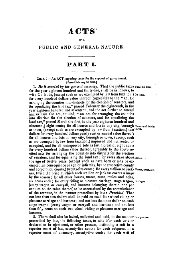 handle is hein.slavery/ssactsva0468 and id is 1 raw text is: ACTS'
OF A
PUBLIC AND GENERAL NATURE.
PART I.
CHAP. I.-An ACT imposing taxes for the support of government.
['used February 20, 1835.]
1. Be it enacted by the general assembly, That the public taxes Taxes otr 1 5.
for the year eighteen hundred and thirty-five, shall be as follows, to
wit: On lands, (except such as are exempted by law from taxation,) o, lnd..
for every hundred dollars value thereof, (agreeably to the act for
arranging the counties into districts for the election of senators, and
for equalizing the land tax, passed February the eighteenth, in the
year eighteen hundred and seventeen, and the act further to amend
and explain the act, entitled,  an act for arranging the counties
into districts for the election of senators, and fbr equalizing the
land tax, passed March the first, in the year eighteen hundred and
nineteen,) eight cents; for all houses and lots in any city, borough oues and lots in
or town, (except such as are exempted by law from taxation,) twotown.
dollars for every hundred dollars yearly rent or annual value thereof;
for all houses and lots in any city, borough or town, (except such
as are exempted by law from taxation,) improved and not rented or
occupied, and for all unimproved lots as last aforesaid, eight cents
for every hundred dollars value thereof, agreeably to the above re-
cited acts for arranging the counties into districts for the election
of senators, and for equalizing the land tax; for every slave above Shae,.
the age of twelve years, (except such as have been or may be ex-
empted, in consequence of age or infirmity, by the respective county
and corporation courts,) twenty-five cents ; for every stallion or jack- ormes, aueu,&c.
ass, twice the price at whiclh such stallion or jackass covers a mare
by the season ; for all other horses, mares, asses, mules and colts,
six cents each ; for every riding or pleasure carriage, stage wagon, Carriages.
jersey wagon or carryall, and harness belonging thereto, one per
centum on the value thereof, to be ascertained by the commissioner
of the revenue, in the manner prescribed by law: Provided, That
not less than two dollars shall be paid on each four wheel riding or
pleasure carriage and harness; and not less than one dollar on each
stage wagon, jersey wagon or carryall and harness; and not less
than fifty cents on each two wheel riding or pleasure carriage and
harness.
2. There shall also be levied, collected and paid, in the manner Law process.
prescribed by law, the following taxes, to wit: For each writ or
declaration in ejectment, or other process, instituting a suit in a
superior court of law, seventy-five cents; for each subp(una in a
superior court of chancery, seventy-five cents; for each writ of


