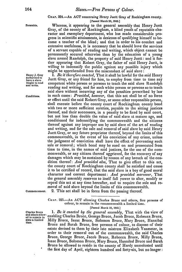 handle is hein.slavery/ssactsva0570 and id is 1 raw text is: 164                        Slaves.-Free Persons of Colour.
CnAp. 224.-An ACT concerning Henry Juett Gray of Rockingham county.
[Passed March 26, 1841.]
Preamble.     Whereas, it appearing to the general assembly that Henry Juett
Gray, of the county of Rockingham, a blind youth of reputable cha-
racter and exemplary deportment, who has made considerable pro-
gress in scientific attainments, is desirous of qualifying himself to be-
come a teacher of the blind; and that in order to his comfort and
extensive usefulness, it is necessary that lie should have the services
of a servant capable of reading and writing, which object cannot be
permanently secured otherwise than by the education of a young
slave nomed Randolph, the property of said Henry Juett: and it fur-
ther appearing that Robert Gray, the father of said Henry Juett, is
willing to indemnify the public against any possible injury which
might be apprehended from the misconduct of said slave:
Henry J. Gray  1. Be it therefore enacted, That it shall be lawful for the said Henry
have a lave  Juett Gray, or any friend for him, to employ from time to time any
taught to read  competent white person or persons to teach the said slave Randolph
and write,  reading and writing, and for such white person or persons so to teach
said slave without incurring any of the penalties prescribed by law
Conditione.  in such cases: Provided, however, that this act shall be of no force
or effect until the said Robert Gray, or some other responsible person,
shall execute before the county court of Rockingham county bond
with two or more sufficient sureties, payable to the sitting justices
thereof, and their successors, in a penalty to be fixed by said court,
but not less than double the value of said slave at mature age, and
conditioned for indemnifying the commonwealth and the citizens
thereof against any improper use by said slave of the art of reading
and writing, and for the sale and removal of said slave by said Henry
Juett Gray, or any future proprietor thereof, beyond the limits of this
commonwealth, in the event of his conviction of any crime, unless
the judgment of conviction shall have the effect of preventing such
sale or removal; which bond may be sued on and prosecuted from
time to time, in the names of said justices, for the use of the com-
monwealth, or any citizen thereof aggrieved, for the recovery of any
damages which may be sustained by reason of any breach of the con-
dition thereof: And provided also, That to give effect to this act,
the county court of Rockingham county shall be satisfied and cause
it to be certified of record, that the said slave is a boy of good moral
character and correct deportment: And provided moreover, That
the general assembly reserves to itself full p'ower to alter, modify or
repeal this act at any time hereafter, and to require the sale and re-
moval of said slave beyond the limits of this commonwealth.
Commencement.  2. This act shall be in force from the passing thereof.
C1:AP. 225.-An ACT allowing Charles Bruce and others, free persons of
colour, to remain in the commonwealth a limited time.
[Passed March 18, 1842.]
Charlea Bruce  1. Be it enacted by the general assembly, That with the view of
and others allow-
ed to remain In enabling Charles Bruce, George Bruce, Jacob Bruce, Rebecca Bruce,
state a limited  Milly Bruce, Isaac Bruce, Solomon Bruce, Mary Bruce, Hannibal
time.       Bruce and Sarah Bruce, free persons of colour, to dispose of their
estate devised to them by their late mistress. Elizabeth Vannmeter, in
order to their removal out of the commonwealth, the said Charles
Bruce, George Bruce, Jacob Bruce, Rebecca Bruce, Milly Bruce,
Isaac Bruce, Solomon Bruce, Mary Bruce, Hannibal Bruce and Sarah
Bruce be allowed to reside in the county of Hardy unmolested until
the first day of April, eighteen hundred and forty-six, but no longer :


