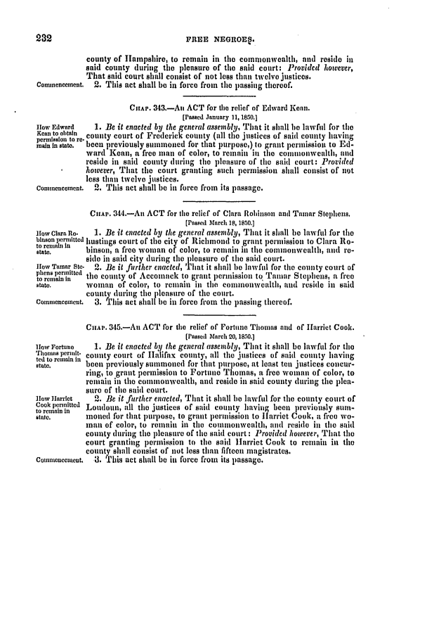 handle is hein.slavery/ssactsva0667 and id is 1 raw text is: FREE NEGROES.

county of Hampshire, to remain in the commIonwealth, and reside ill
said county during the pleasure of tile said court: Provided however,
That said court shall consist of not less than twelve justices.
Commencement.  2. This act shall be in force from the passing thereof.
CHAP. 343.-Au ACT for the relief of Edward Kean.
[Passed January 11, 1850.]
How Edward     1. Be it enacted by the general assembly, That it shall be lawful for the
Kenn to obtain  county court of Frederick county (all the justices of said county having
maiin n state.  been previously summoned for that purpose,) to grant permission to Ed-
ward Kenn, a free man of color, to remain in the comnonwealth, and
reside in said county during the pleasure of tile said court: Provided
however, That tile court granting such permission shall consist of not
less than twelve justices.
Commencement.  2. This act shall be in force from its passage.
CHAr. 344.-An ACT for tile relief of Clara Robinson anml Tainar Stephens.
[Passed March 18, 1850.]
How Clara Ro.  1. Be it enacted by the general assembly, That it shall be lawful for the
binson Iermitted mustings court of tile city of Richmond to grant permission to Clara Ro-
to remin Iin
state.       binson, a free woman of color, to remain in tile commonwealth, and re-
side in said city during the pleasure of the said court.
How Tamar Ste.  2. Be it further enacted, That it shall b lawful for the county court of
phonspritted
to remtind the county of Accomack to grant permission to Tamar Stephens, a free
state.       woman of color, to remain in tile commonwealth, and reside in said
county during the pleasure of the court.
Commencement.  3. This act shall be in force from the passing thereof.
CHAP. 345.-An ACT for the relief of Fortune Thomas and of Harriet Cook.
(Passed March 20, 1850.]
HlowFortune    1. Be it enacted by the general assembly, That it shall be lawful for the
tthomas permit county court of Ihifax county, all the justices of said county having
state.       boen previously summoned for that purpose, at least ten justices concur-
ring, to grant permission to Fortune Thomas, a freei woman of color, to
remain in tile commonwealth, and reside in said county during the plea-
sure of the said court.
How Harriet    2. Be it further enacted, That it shall be lawful for the county court of
Cook permitted Loudoun, all tile justices of said county having been previously sum-
to remanin in
state.   inmoed for that purpose, to grant permission to Harriet Cook, a free wo-
man of color, to remain in the commonwealth, and reside il the said
county during the lleasure of tie said court: Provided however, That the
court granting permission to the said Harriet Cook to remain in the
county shall consist of not less than fifteen magistrates.
Coinnencecet.  3. This act shall be in force from its passage.


