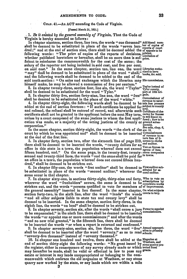 handle is hein.slavery/ssactsva0676 and id is 1 raw text is: AMENDMENTS TO CODE.

* ChAP. 41.-An ACT amending the Code of Virginia.
(Passed March 31, 1851.]
1. Be it en'ted by the general assembly of Virginia, That the Code of
Virginia is hereby amended as follows:
I chapter nineteen, section three, line two, the words , one thousand Additional nut.
                ,          he ofcopies of
shall bo deemed to be substituted in place of the words seven hun- oer of cor t
  ,                         reports of court[
(trod ; and at the end of section nine, there shall be deemed added the of appeals to be
following words: 4 The prica of copies of the reports of decisions, Vote.n  _
                                       Imitation of
whether published heretofore or hereafter, shall be no more than is suf- price.
ficient to reimburse the commonwealth for the cost of the same; the
salary of the reporter not being included in said cost, and five per cent.
on said cost. In the same chapter, section ton, line one, the word Librarnautho.
', may thall be deemed to be substituted in place of the word  shall, ize. t sho.e
ani  the  follow ing  w ords  shall b   doem ed  to  be  added  to  the  end  of  the,  ......... ...
sail tenth section:  On sales and exchanges which the librarian may His commissions.
himself make, lie may be allowed a commission of five per centaim.,  Tayr instead of
2. In chapter twenty-three, section four, line six, the word Taylor Tyler county,
shall be deemed to be substituted for the word , Tyler.          part of 10th bri.
3. In chapter thirty five, section forty-nino, line one, the word , free gado.
shall be deemed to be substituted in the place of the word  white.  C.ommissioner of
revenue to ascer.
4. In chapter thirty-eiht, the following words shall be deemed to im.tain free persons
added at the end of section fourteen: If such certificate be applied for subject to county
levy,
and refused, the refusal shall be citered of record, and afterwards such Cratifcatonfha.
certificate shall not be granted to the applicant before the next May term, racter for license
unless by a court composed of the same justices to whom the first appli- to sel liquor re
cation was made, or a majority of the acting justices of the county or graaeulsubse.
corporation.                                                      queenly.
sece ante, chap. 6,
lit the same chapter, section thirty-eight, the words the clerk of the nec. 12.
court by which lie was appointed and shall be doomed to be inserted Commissioners
of revenue to re.
at the end of the first line.                                      turn lists of 1[.
5. In chapter forty, section two, after the sixteenth line of page 219, censes to clerks
there shall be deemed to be inserted the words, , twenty dollars for an and auditor.
Tax on licenso to
office in this state in a town, the population whereof does not exceed agents of lnso.
fifteen hundred, and.  On the saume page, in time twenty-first, twenty- ranc companies
second and twenty-third lines, the words , and the same shtll be paid for f
an office in a town, the population whereof does not exceed fifteen him-
dred, shall be deemed to be stricken out.
6. In chapter fifty-one, the words first auditor shall be deemed to Firstauditorsub-
t, stituted for se.
be substituted in place of the words second auditor, wherever the cond auditor.
same occur in that chapter.
7. In chapter sixty-one, in sections thirty-eight, thirty-nino and forty, Who to vote on
subscriptions by
wherever the word freeholders occurs, the same is deemed to be counlestoworks
stricken out, and the words persons qualified to vote for members of of improvement.
the gencral assembly inserted in lieu thereof. In the same chapter, On whatsubJoctt
section forty-two, in the sixth line, after the word lands the words courts to levy.
and all other subjects liable to state tax and county levy shall be
deemed to be inserted. In the same chapter, section forty-three, in the
eighth line, the words on land shall be deemed to be stricken out.
8. In chapter seventy, section six, after the words shall cause a jury Powerto appoint
to be empanneled, in the ninth line, there shall be deemed to be inserted Commissioners.
the words or appoint one or more commissioners; and after the words
and no new trial granted, in the fifteenth line, there shall be deemed
to be inserted the words or when a report is returned and confirmed.
9. In chapter seventy-nine, section six, line three, the word ,five,Ana prpi
shall be deemed to be inserted after the word 1seventy,?' so as to read alchooie.
1seventy-five thousand instead of 4seventy thotisand.
10. In chapter one hundred and twelve, there shall be added at the agazine at
  '                 6t                Westhfami and:
end of section thirty-eight the following words: No grant issuedb stnequarrypro-
the register, either in consequenco of any survey already made or whic Ii tected from
may hereafter be made, shall be valid or effectual in law to pass any grants.
estate or interest in any lands nnappropriated or belonging to the com-
monwealth which embrace the old magazine at Westham, or any stone
quarry now worked by the state, or any lands which are within a mile
3


