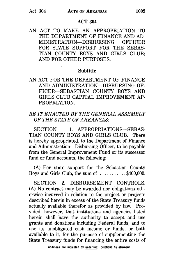 handle is hein.ssl/ssar0010 and id is 1 raw text is: ACTS OF ARKANSAS

ACT 304
AN   ACT TO MAKE AN        APPROPRIATION      TO
THE DEPARTMENT OF FINANCE AND AD-
MINISTRATION-DISBURSING            OFFICER
FOR STATE SUPPORT FOR THE SEBAS-
TIAN COUNTY BOYS AND GIRLS CLUB;
AND FOR OTHER PURPOSES.
Subtitle
AN ACT FOR THE DEPARTMENT OF FINANCE
AND ADMINISTRATION-DISBURSING OF-
FICER-SEBASTIAN COUNTY BOYS AND
GIRLS CLUB CAPITAL IMPROVEMENT AP-
PROPRIATION.
BE IT ENACTED BY THE GENERAL ASSEMBLY
OF THE STATE OF ARKANSAS:
SECTION        1. APPROPRIATIONS-SEBAS-
TIAN COUNTY BOYS AND GIRLS CLUB. There
is hereby appropriated, to the Department of Finance
and Administration-Disbursing Officer, to be payable
from the General Improvement Fund or its successor
fund or fund accounts, the following:
(A) For state support for the Sebastian County
Boys and Girls Club, the sum of ........... $400,000.
SECTION     2. DISBURSEMENT        CONTROLS.
(A) No contract may be awarded nor obligations oth-
erwise incurred in relation to the project or projects
described herein in excess of the State Treasury funds
actually available therefor as provided by law. Pro-
vided, however, that institutions and agencies listed
herein shall have the authority to accept and use
grants and donations including Federal funds, and to
use its unobligated cash income or funds, or both
available to it, for the purpose of supplementing the
State Treasury funds for financing the entire costs of
Additions are indicated by underline; deletions by strikelout

Act 304

1009


